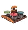 Madhubani Natural Brown Glass and Wood 4 Pcs Condiments Jars with Tray