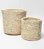 Set Of 2 Off White Palm Leaf Handwoven Multipurpose Planter & Storage Basket