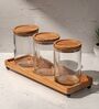 Set of 3 Trine Storage Jar Set Glass & Acacia Wood with Tray