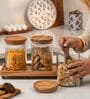 Set of 3 Trine Storage Jar Set Glass & Acacia Wood with Tray