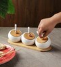 Triple Round White & Brown Ceramic 3 pcs Condiment Jar with Spoon & Stand