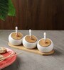 Triple Round White & Brown Ceramic 3 pcs Condiment Jar with Spoon & Stand