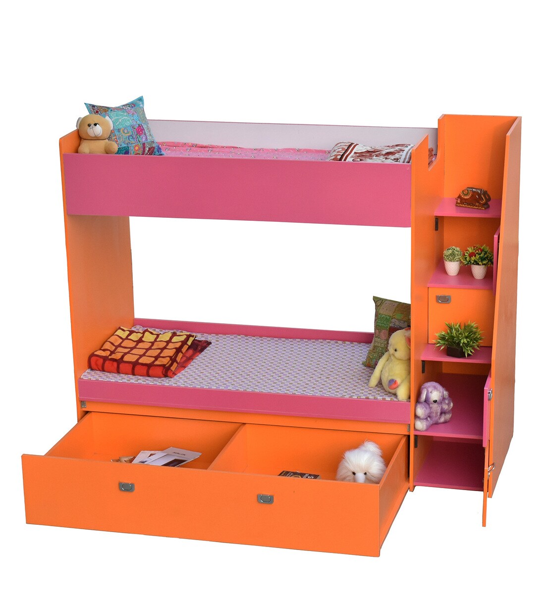 Buy Tuffy Bunk Bed with Drawer Storage in Pink and Orange Finish