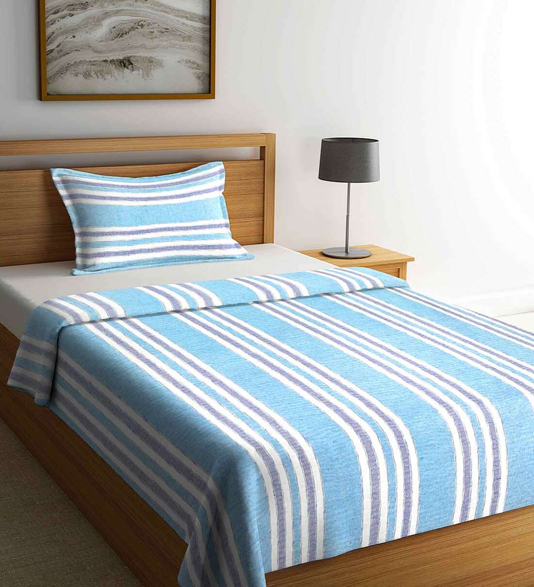 Buy Blue Geometric 300 TC Cotton Single Bed Cover With 1 Pillow Cover Buy Blue Geometric 300 TC Cotton Single Bed Cover With 1 Pillow Cover