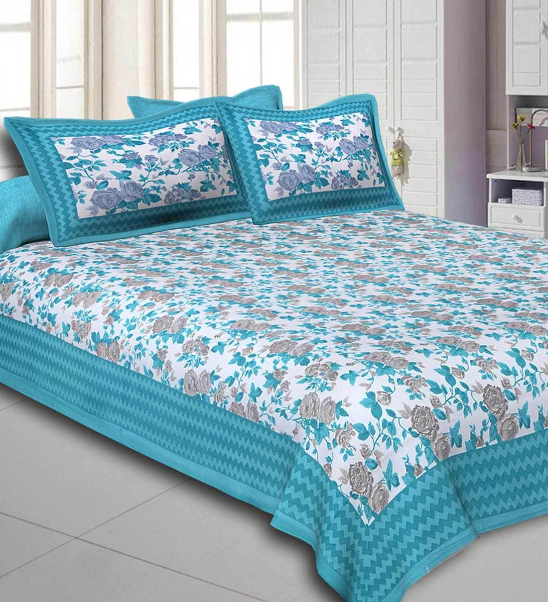 Buy Blue Floral 300 TC Cotton 1 Double Bedsheet with 2 Pillow Covers by