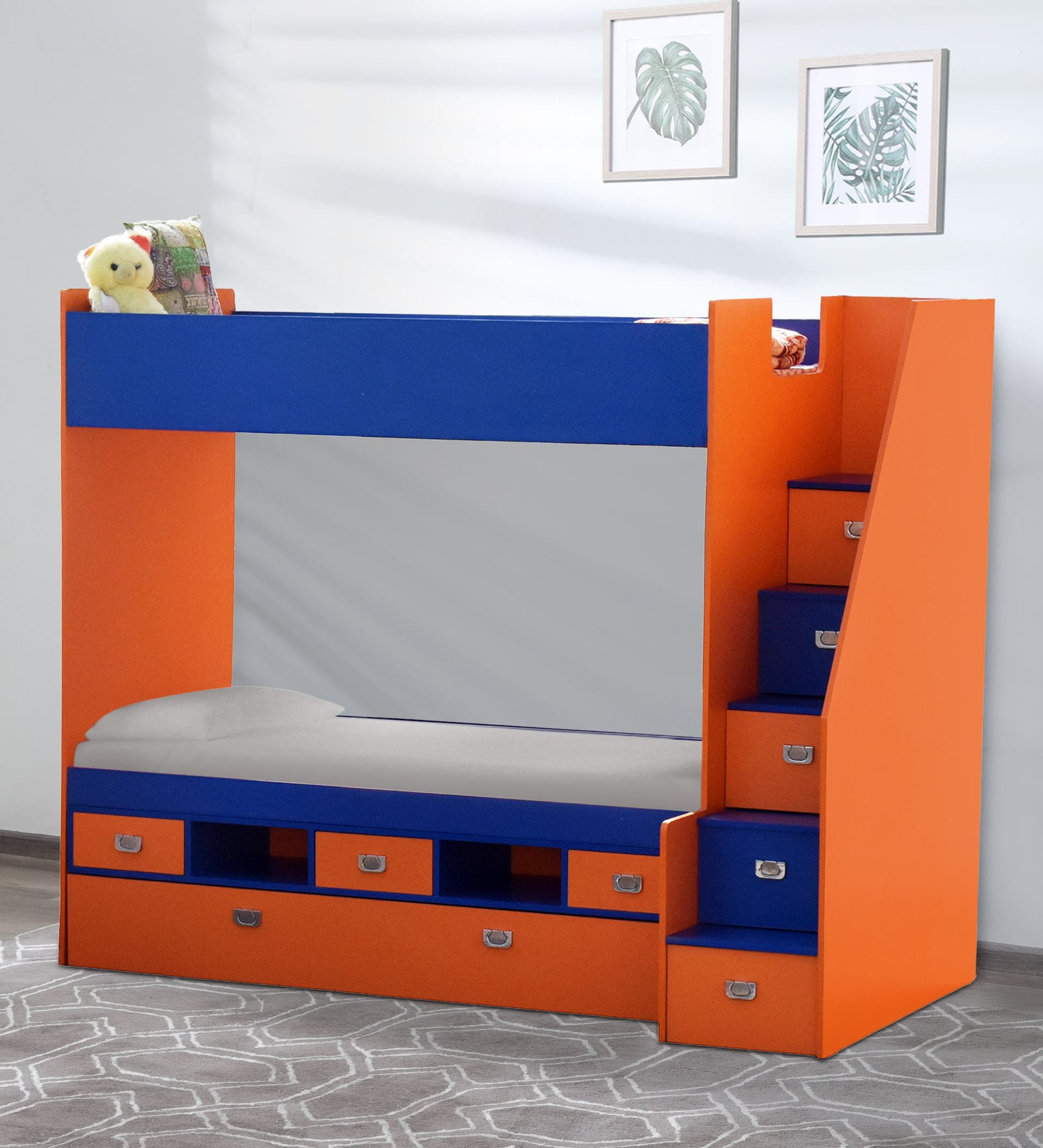Tuffy Bunk Bed with Drawer Storage in Blue and Orange Finish