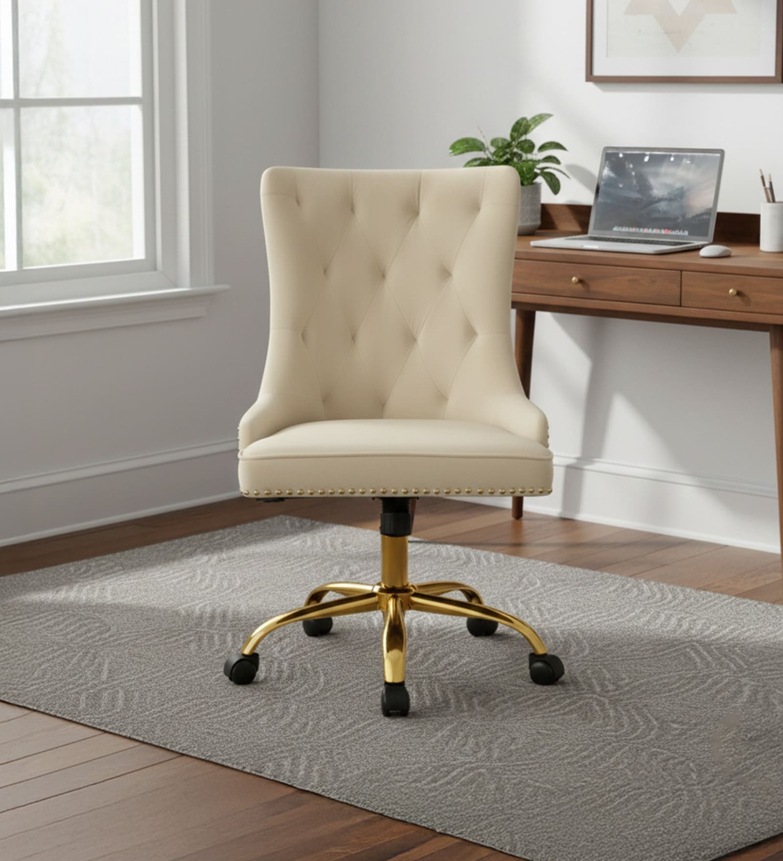 Tufted Boss Velvet Fabric Guest Chair In Beige Colour