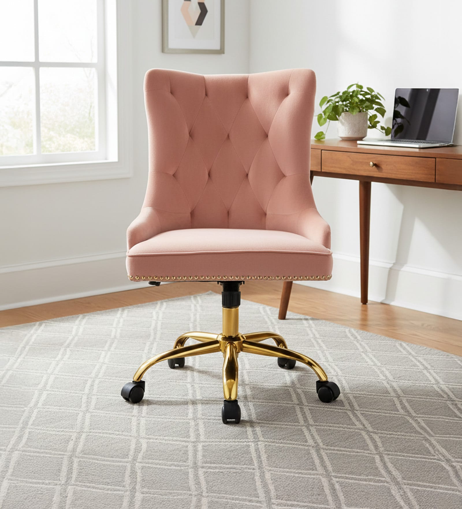 Tufted Boss Velvet Fabric Guest Chair In Pink Colour