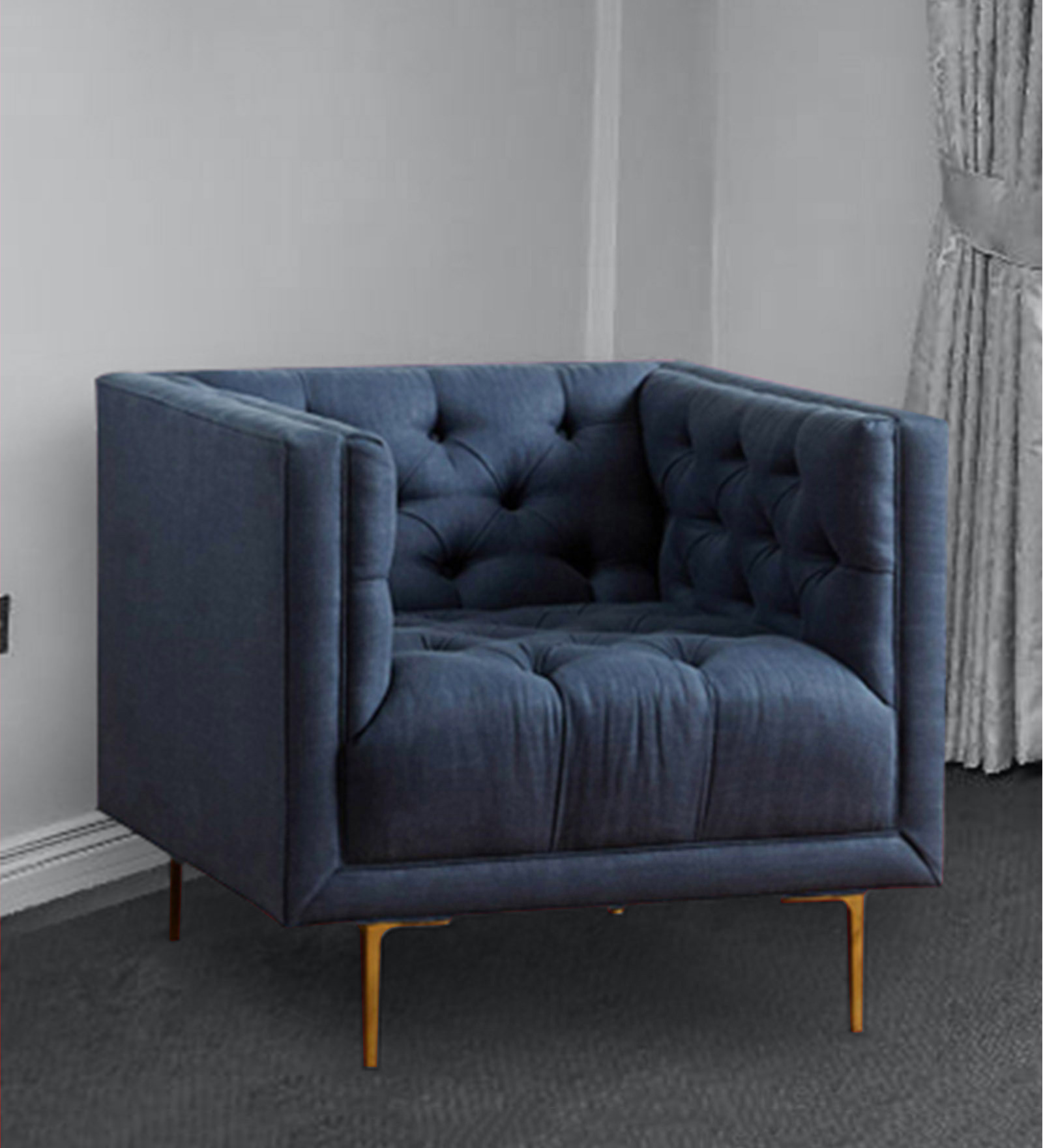 Tufted Fabric Lounge Chair in Blue Colour