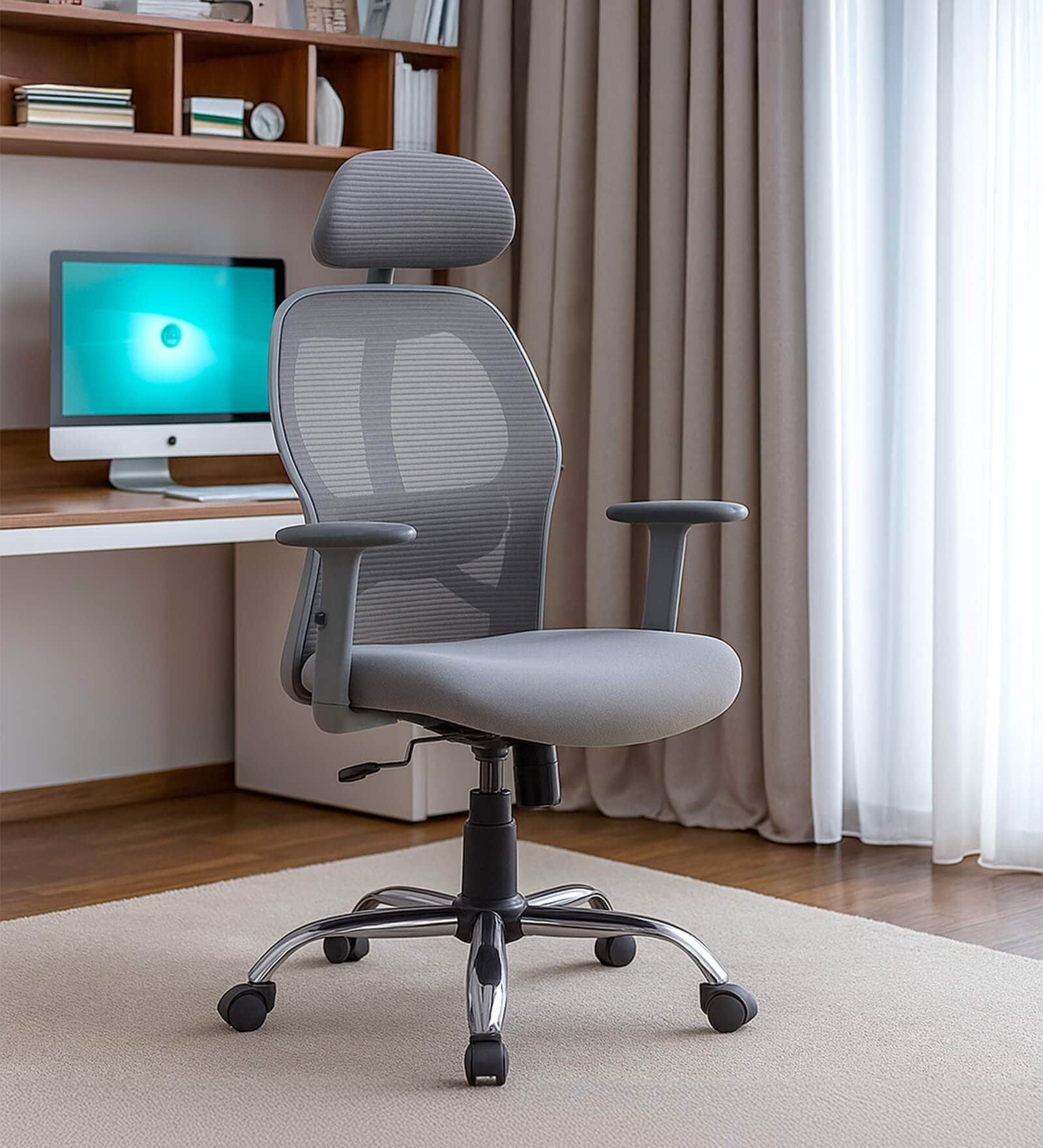 Yuzuki Ergonomic Chair With Adjustable Handle and Neck Support In Grey Colour