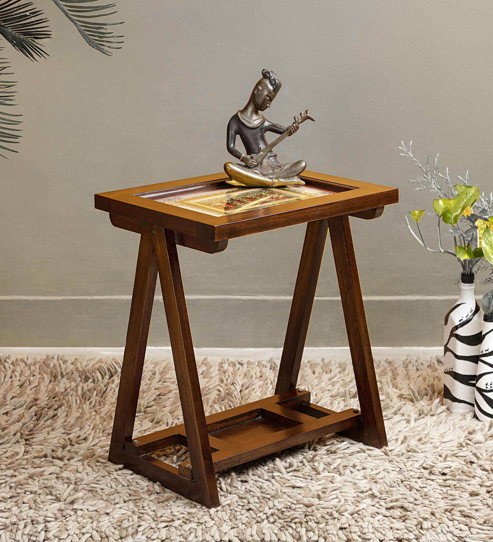 Tulip Solid Wood Portable Table in Walnut Colour