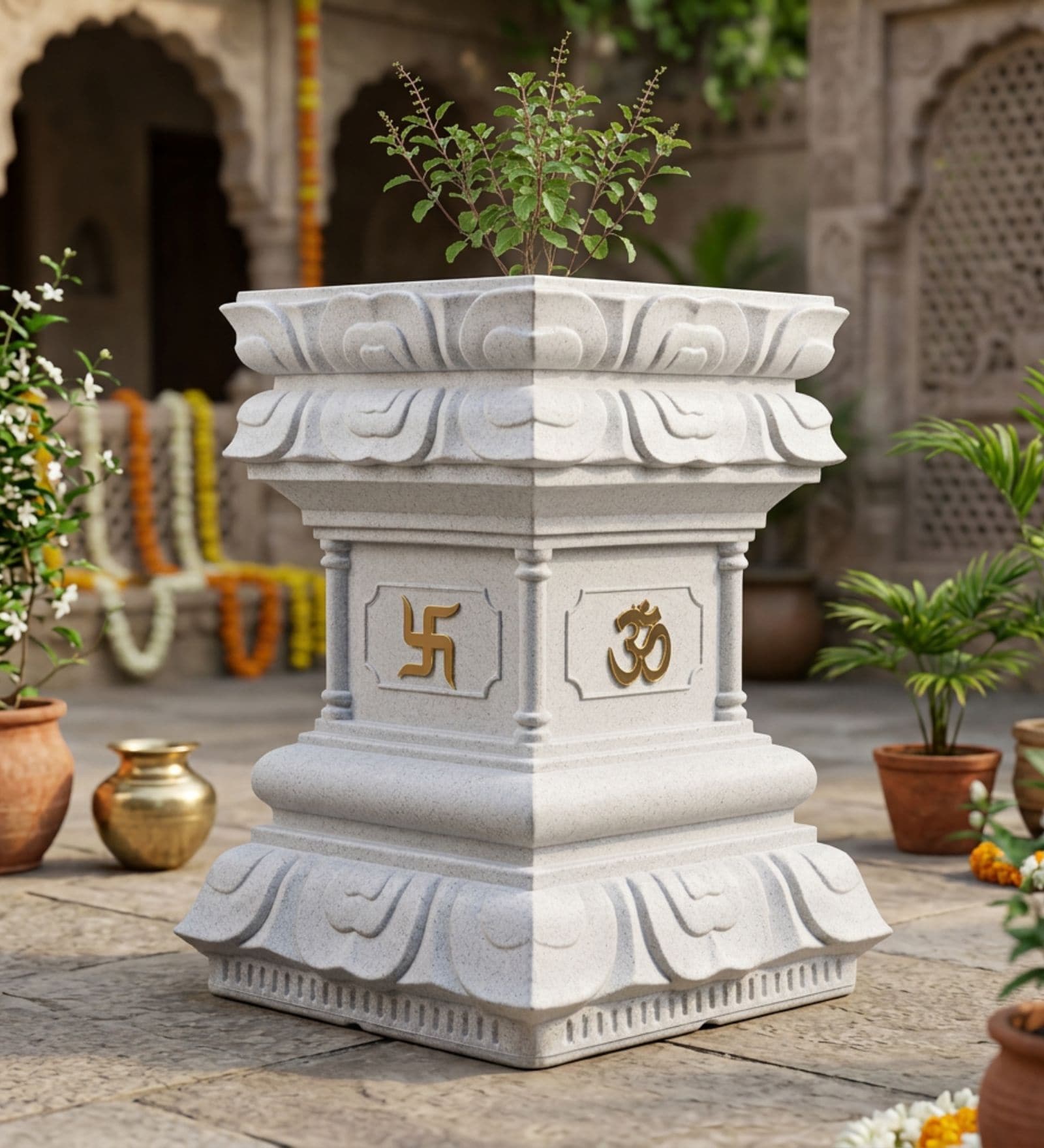 Tulsi Planter 24 inch Marble White German Polymer Square Plant Container