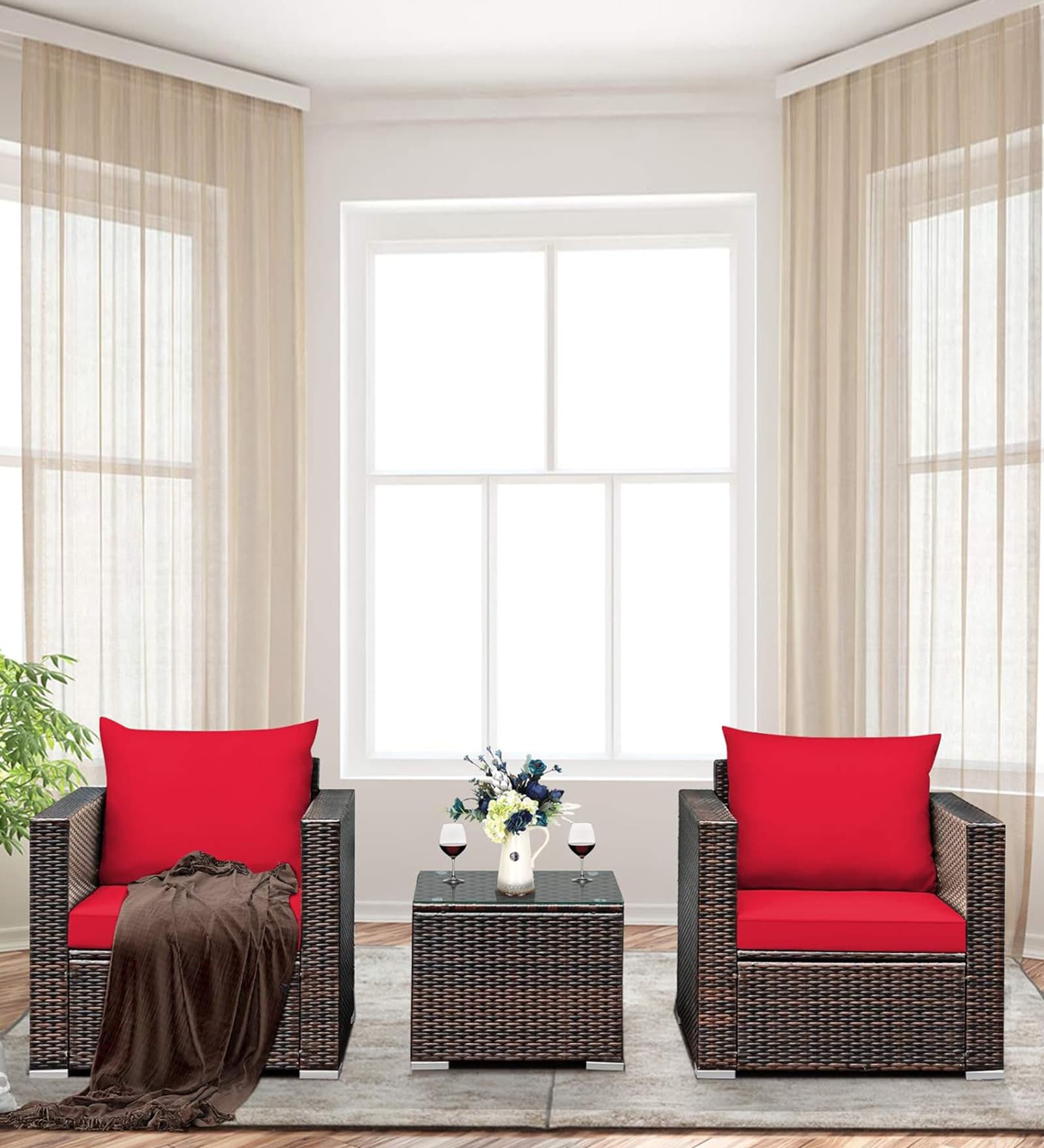 Tulum Wicker Patio Table & Chair Set In Brown Colour (Set Of 2 Chairs)