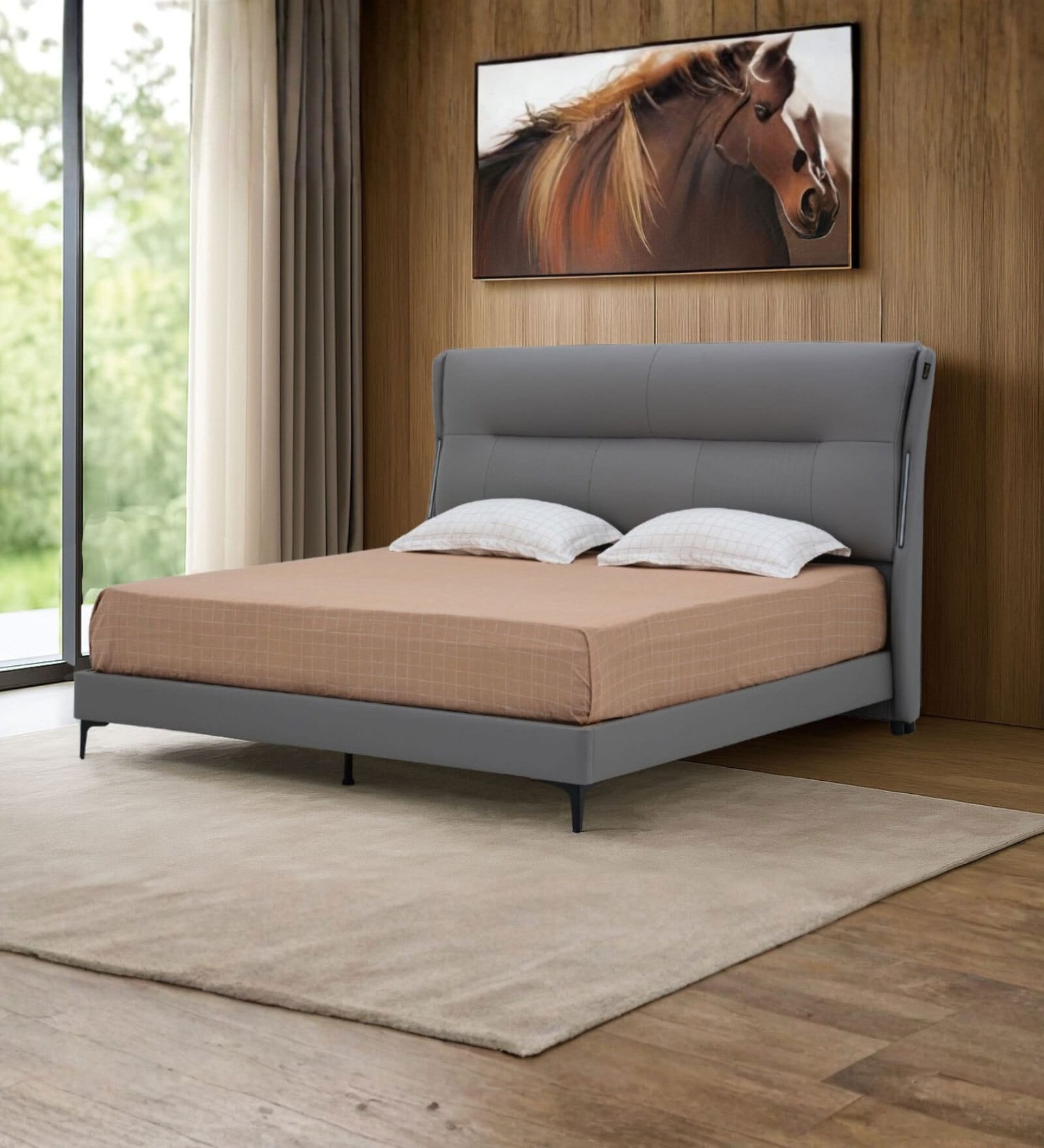 Turin Italian Leatherette Upholstered With Led Light King Sized Bed In Grey Finish