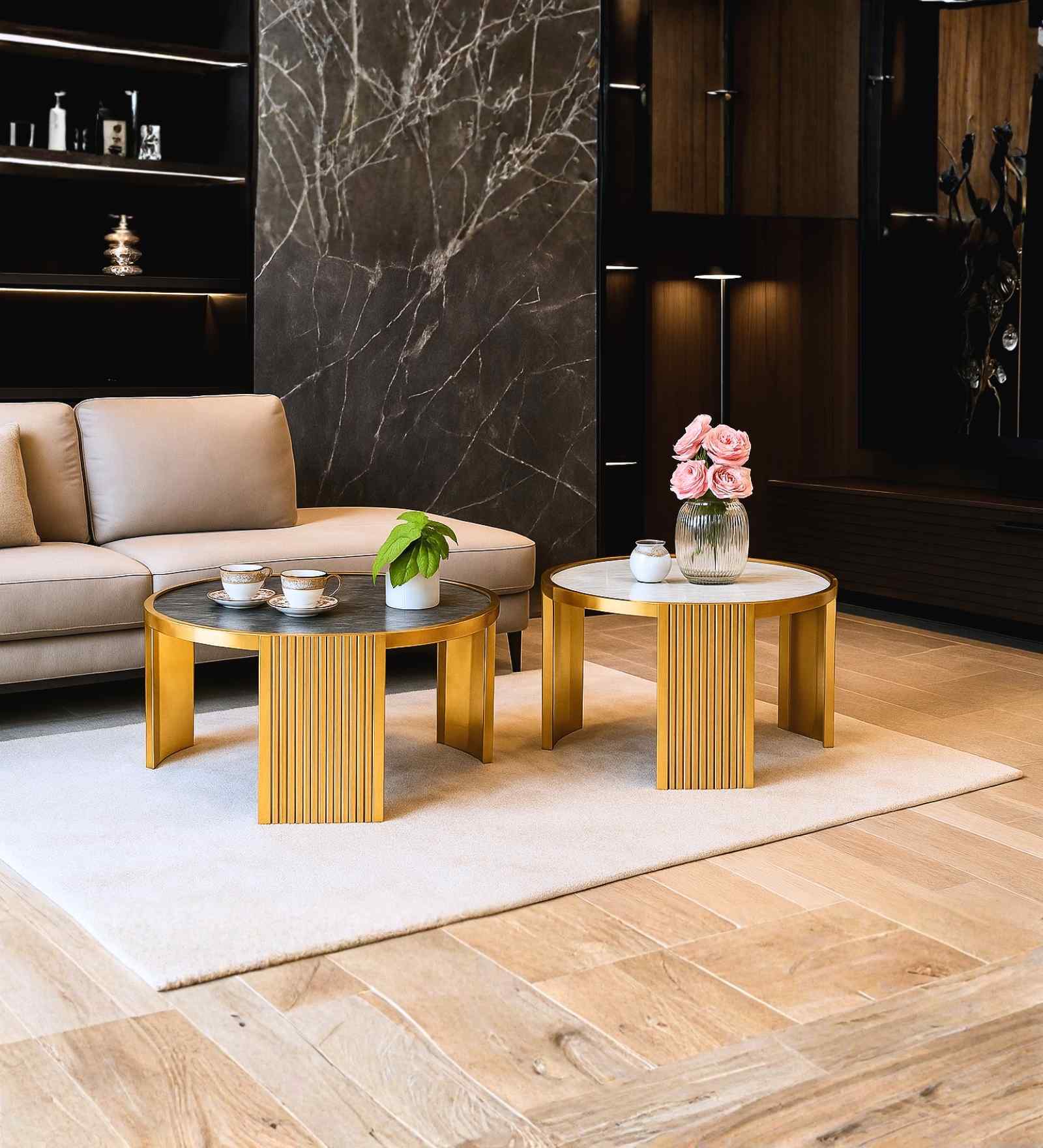 Turin Italian Marble Nesting Coffee Table Set of 2 In Gold Finish