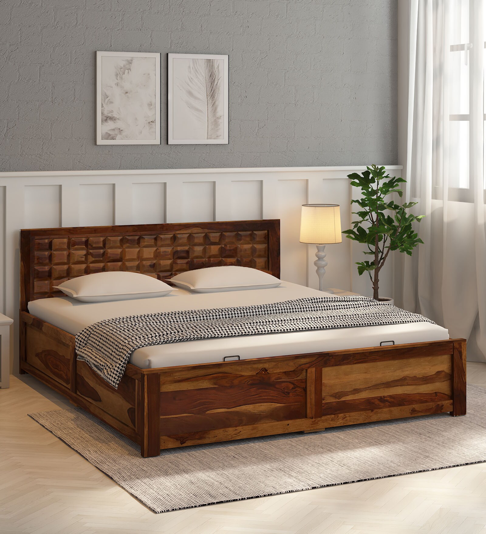 Buy Turin Sheesham Wood King Size Bed In Provincial Teak With Hydraulic ...