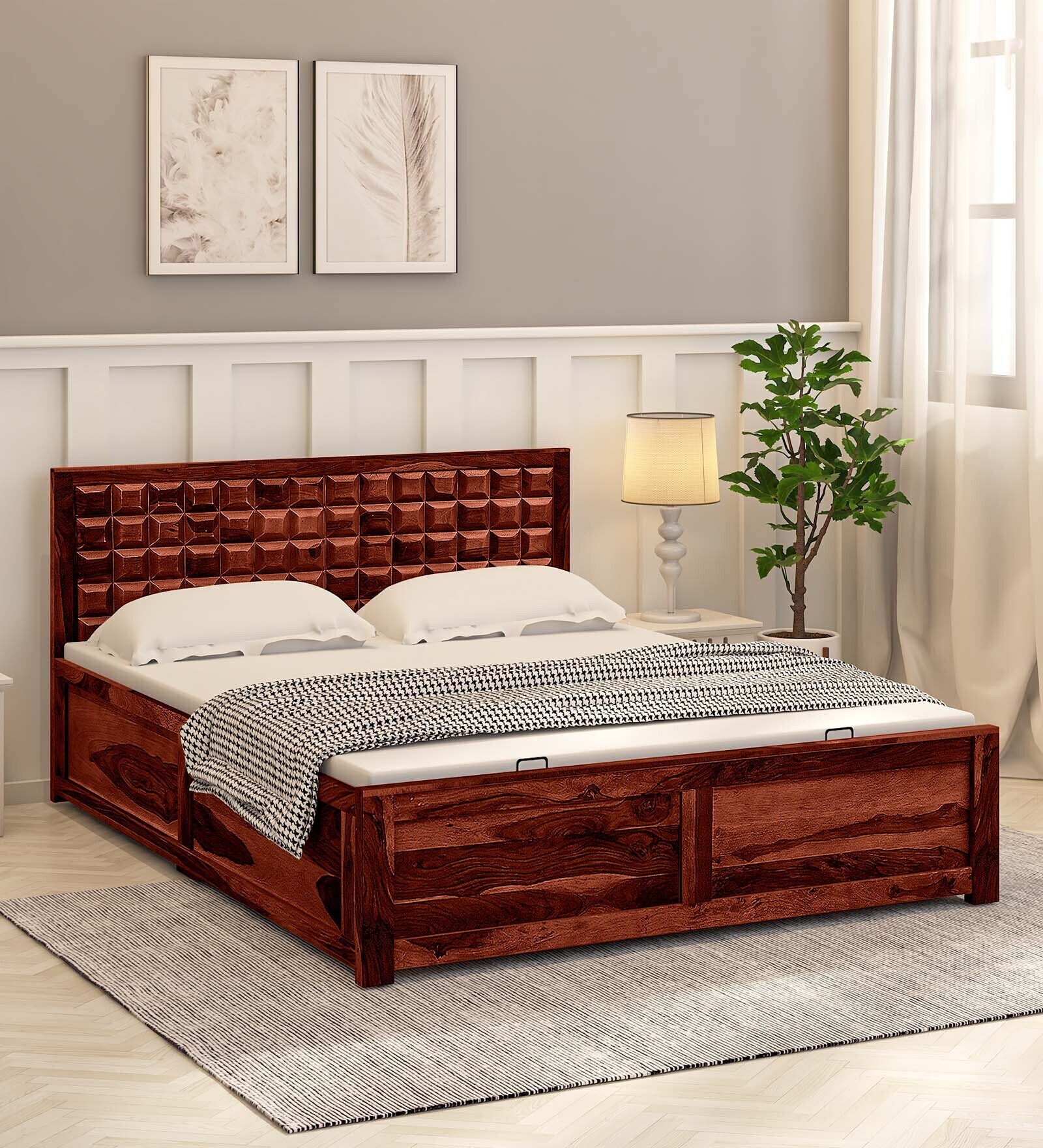 Buy Turin Sheesham Wood Queen Size Bed In Honey Oak With Hydraulic ...