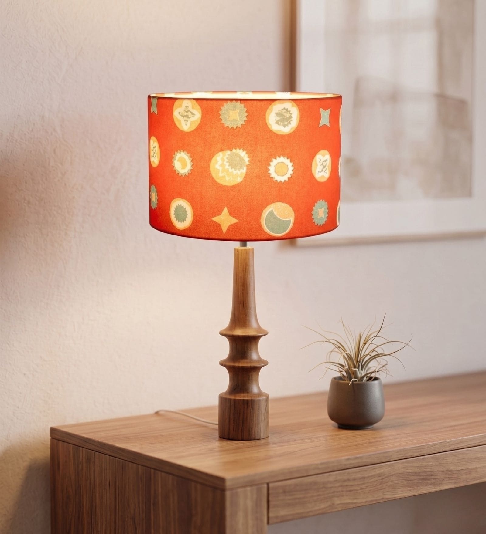 Orange Turned Handcrafted Wood Medium Drum Shade Table Lamp