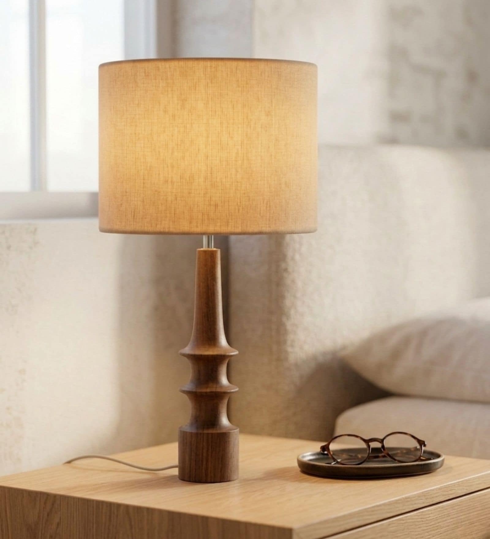 Off White Turned Handcrafted Wood Medium Drum Shade Table Lamp for Living Room