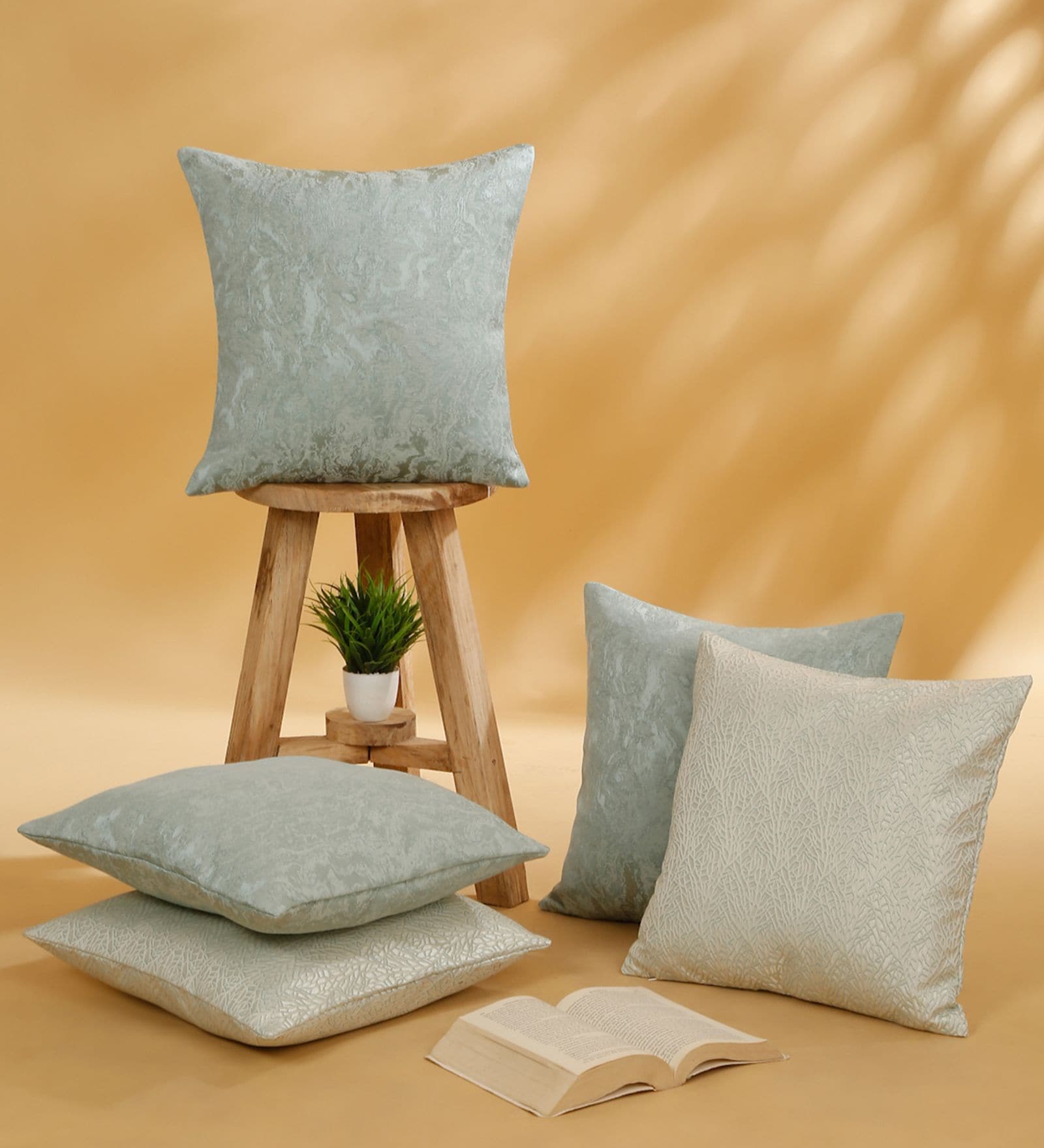 Turq Polyester Jacquard 16x16 inches Cushion Cover Set of 5