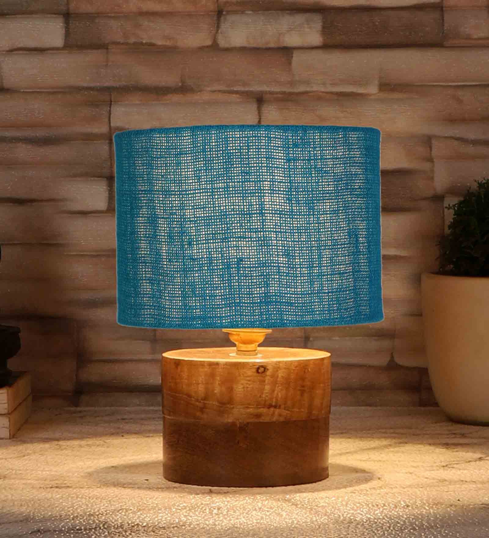 Turqouise Shade Table Lamp With Wood Base