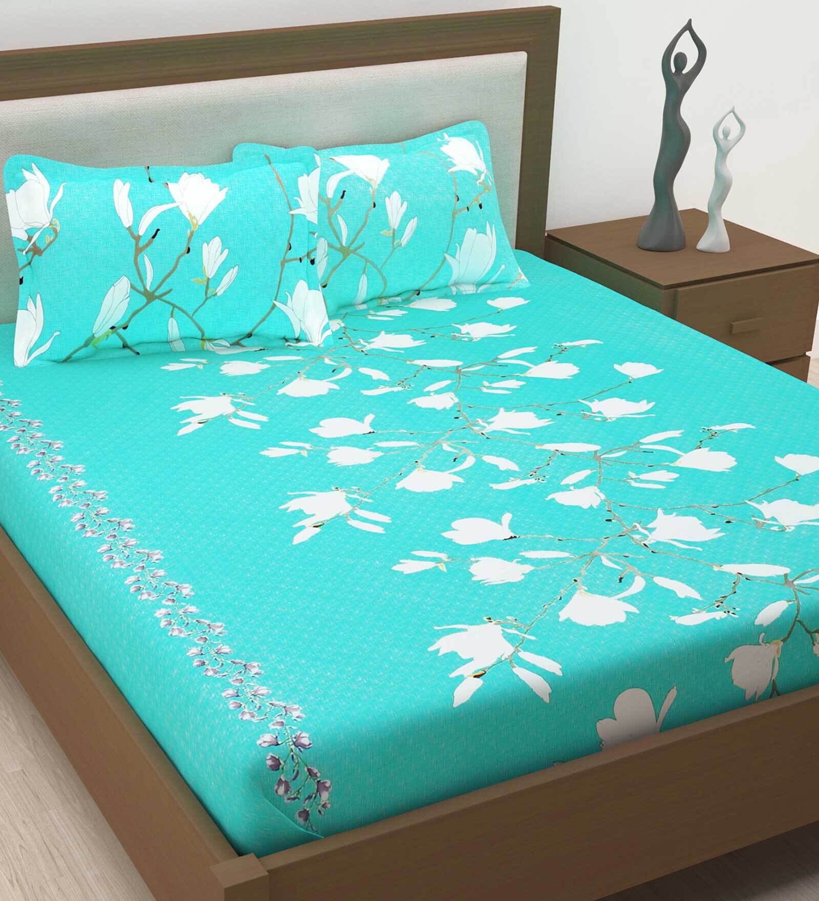 Turquoise Blue Floral 186 TC 100% Cotton Queen Sized Bed Sheets with 2 Pillow Covers