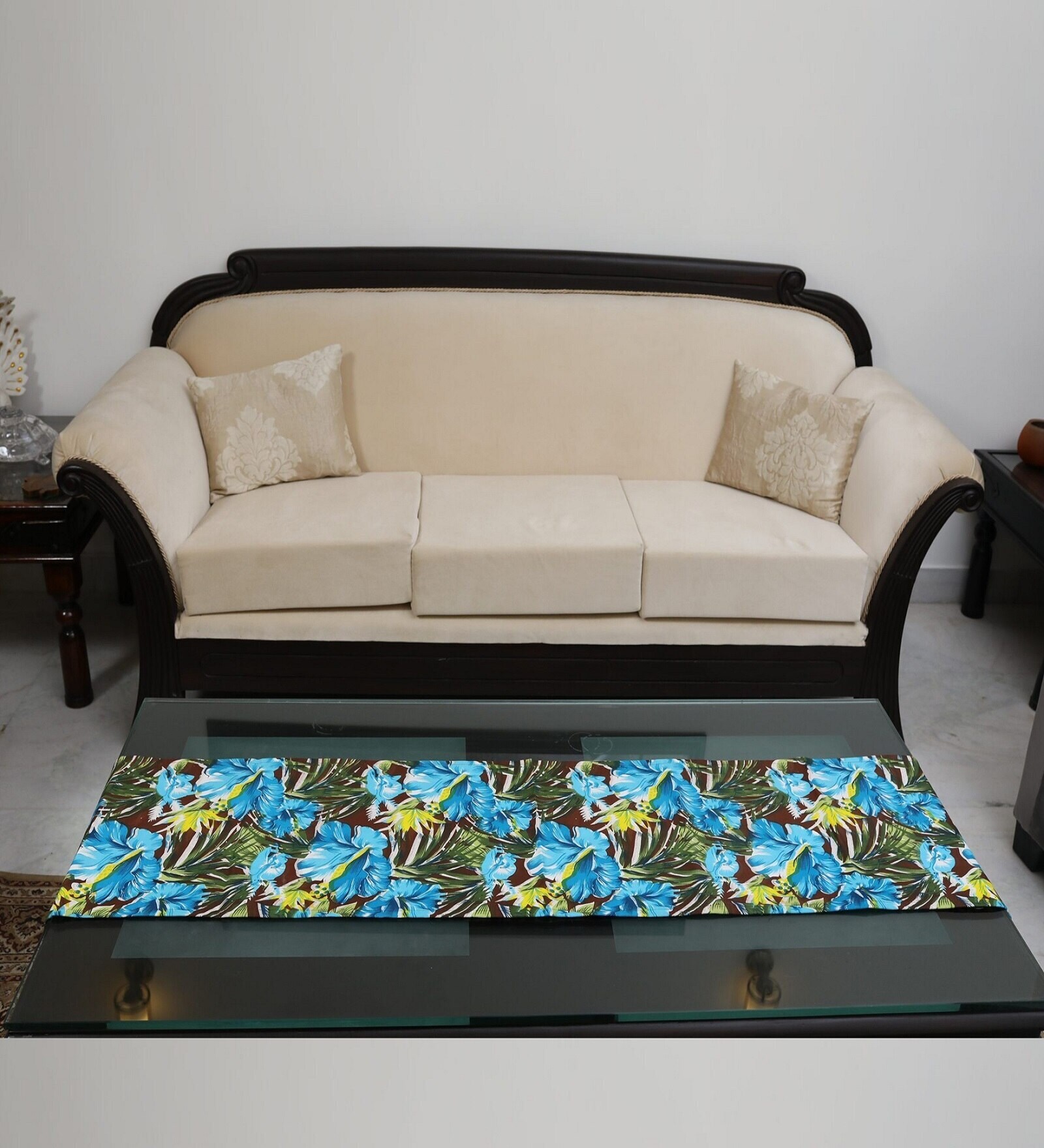 Hibiscus (72x13) Turquoise Blue & Brown Cotton Table Runner