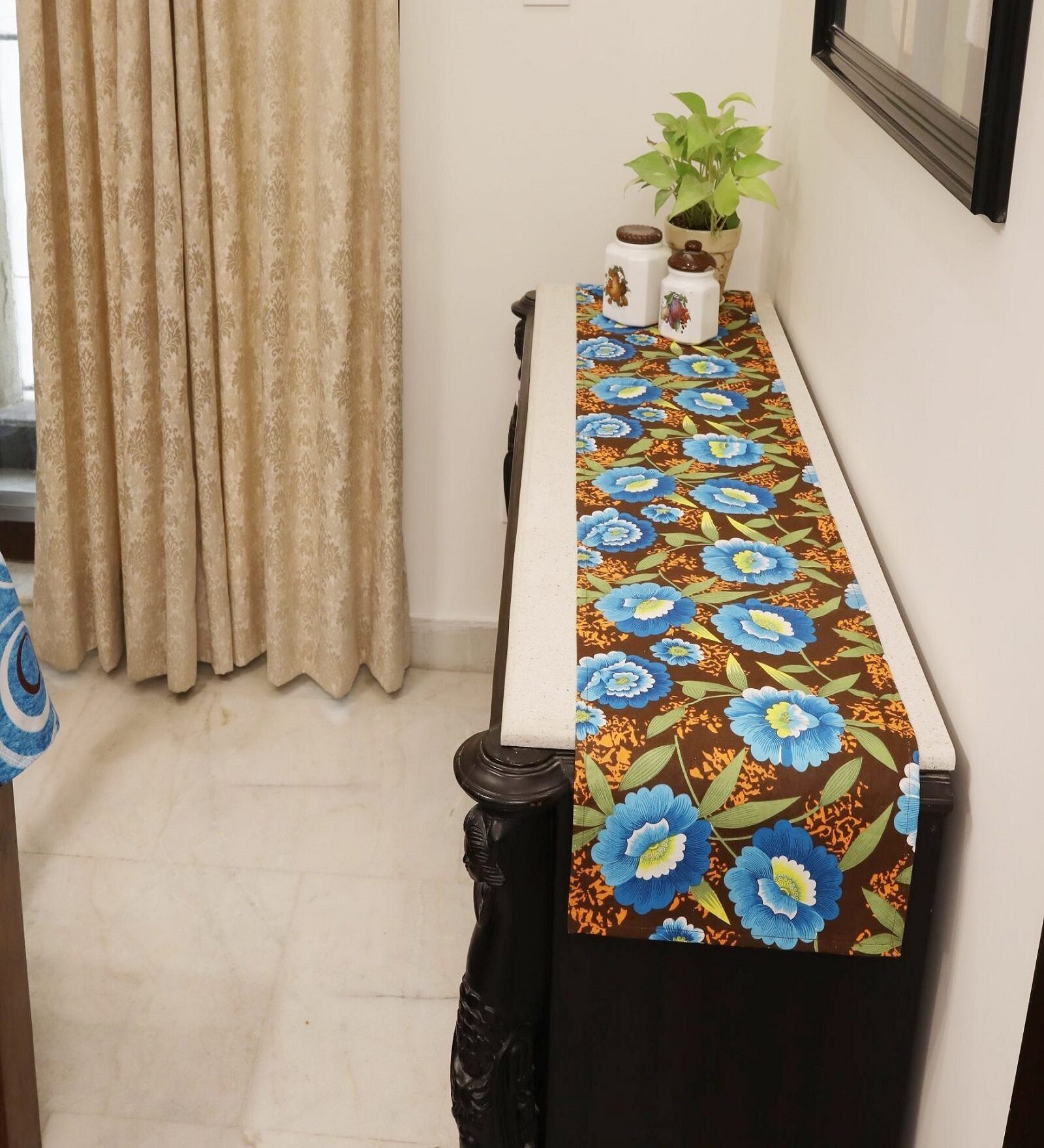 Floral Passion (72x13) Sky Blue & Brown Cotton Table Runner