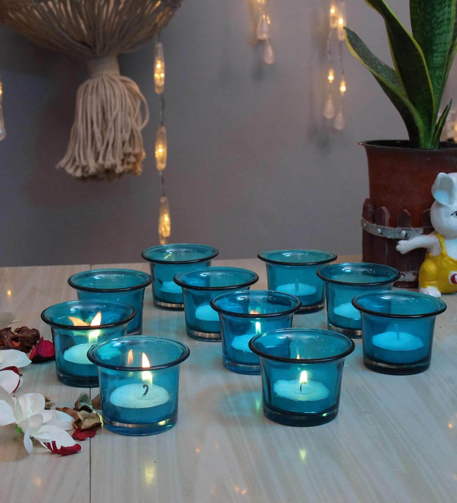 Euphoria Blue Glass Table Tea Light Holders & Votives (Pack Of 10)