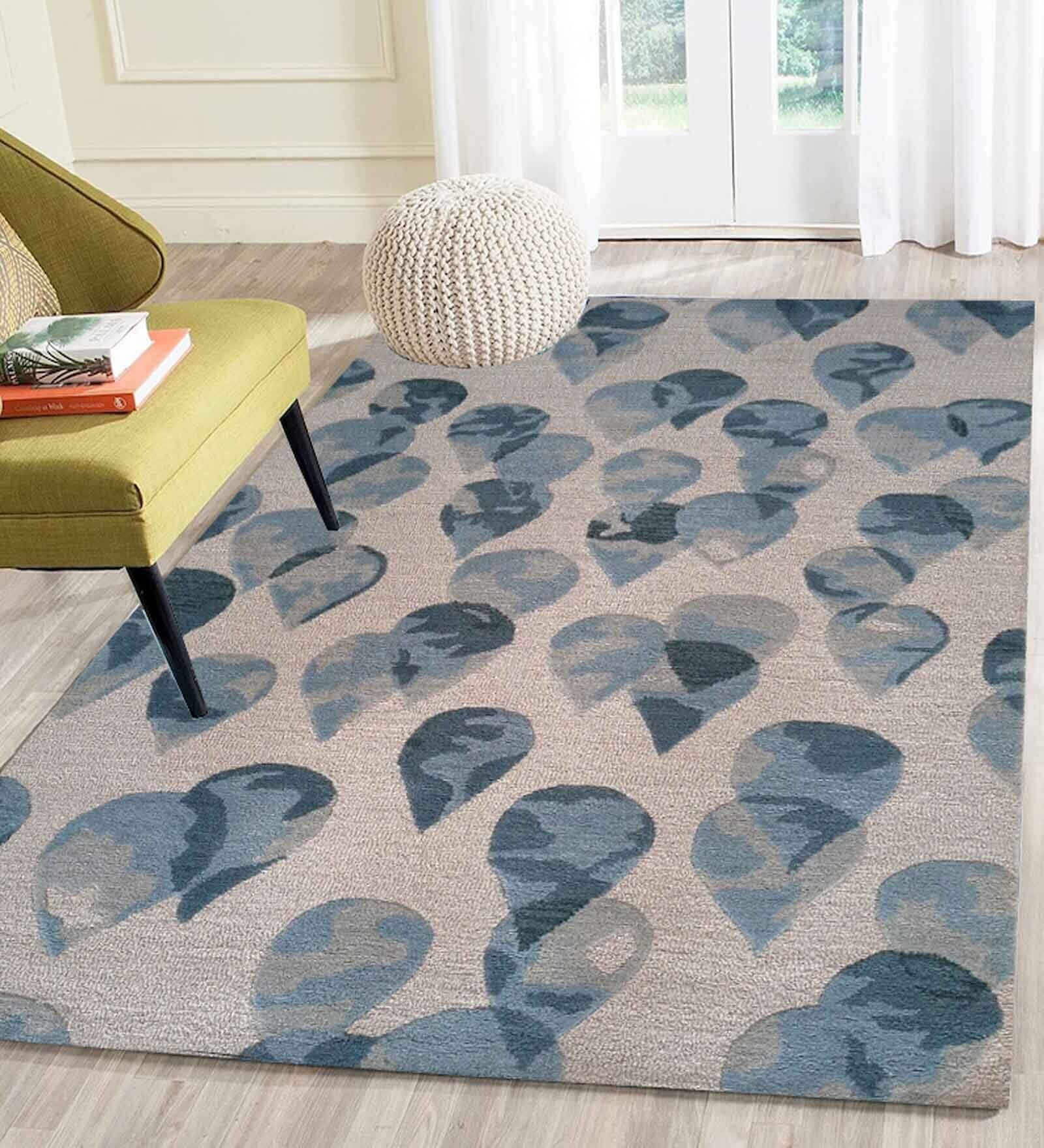 Turquoise Abstract Wool 5 ft x 7 ft Hand Tufted Carpet