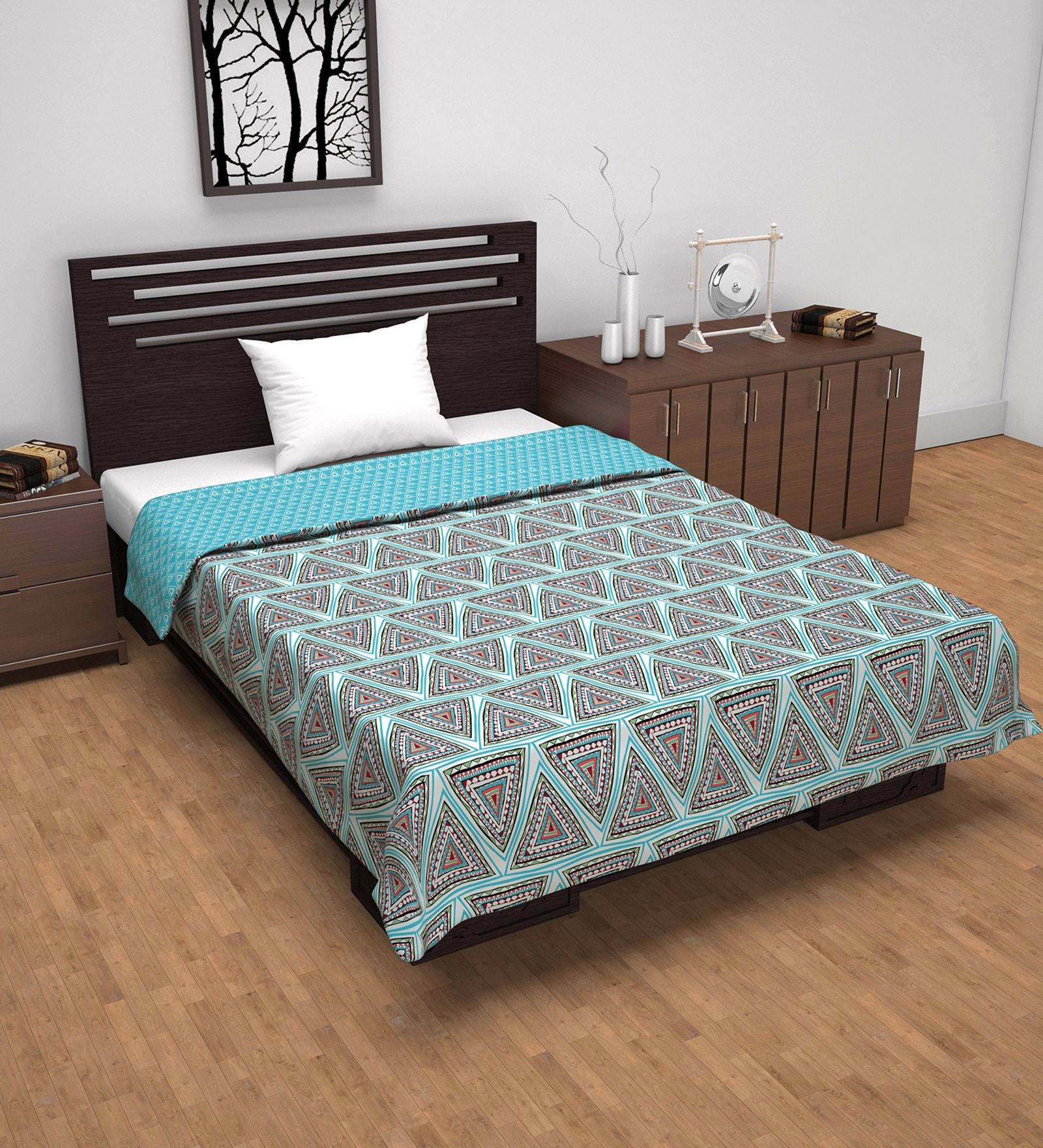 Turquoise Blue Microfiber Geometric 120 Gsm Single Dohar