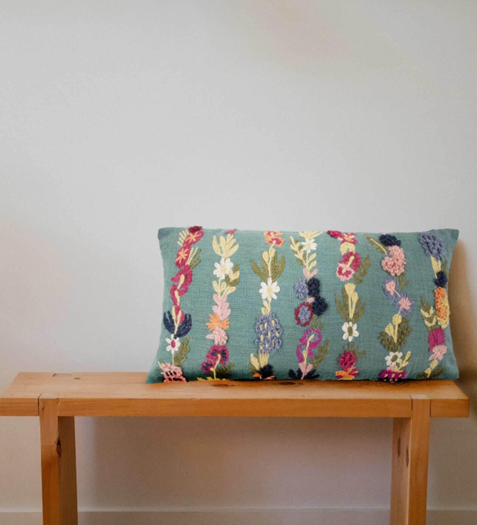 Turquoise Woven Cotton 28 x 14 Inches Embroidered Cushion Cover
