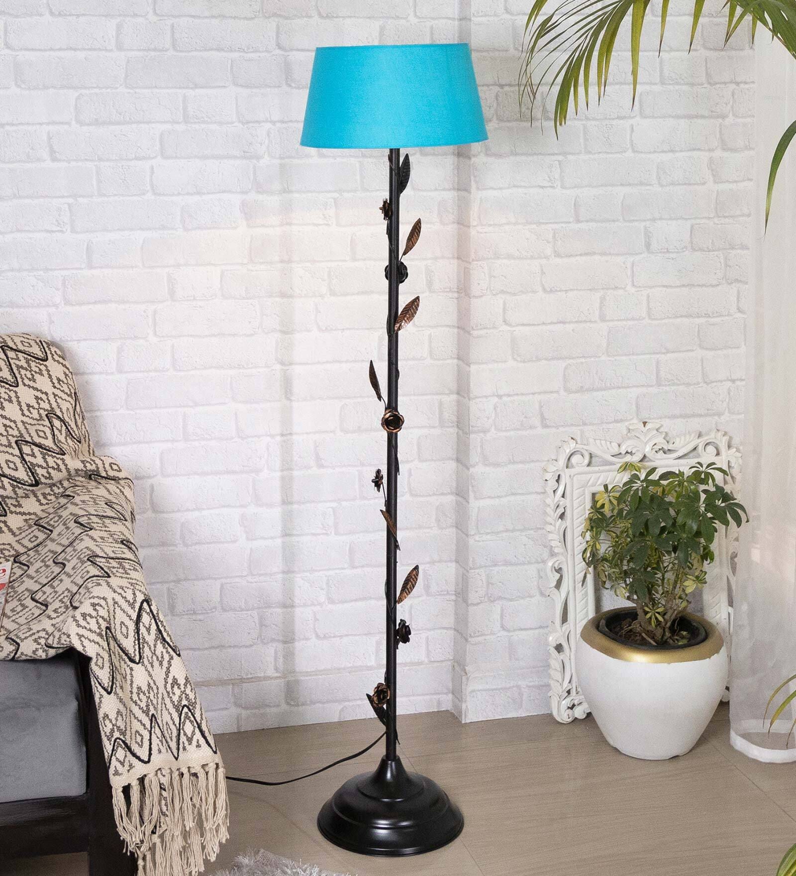 Turquoise Cotton Shade Floor Lamp With Metal Base