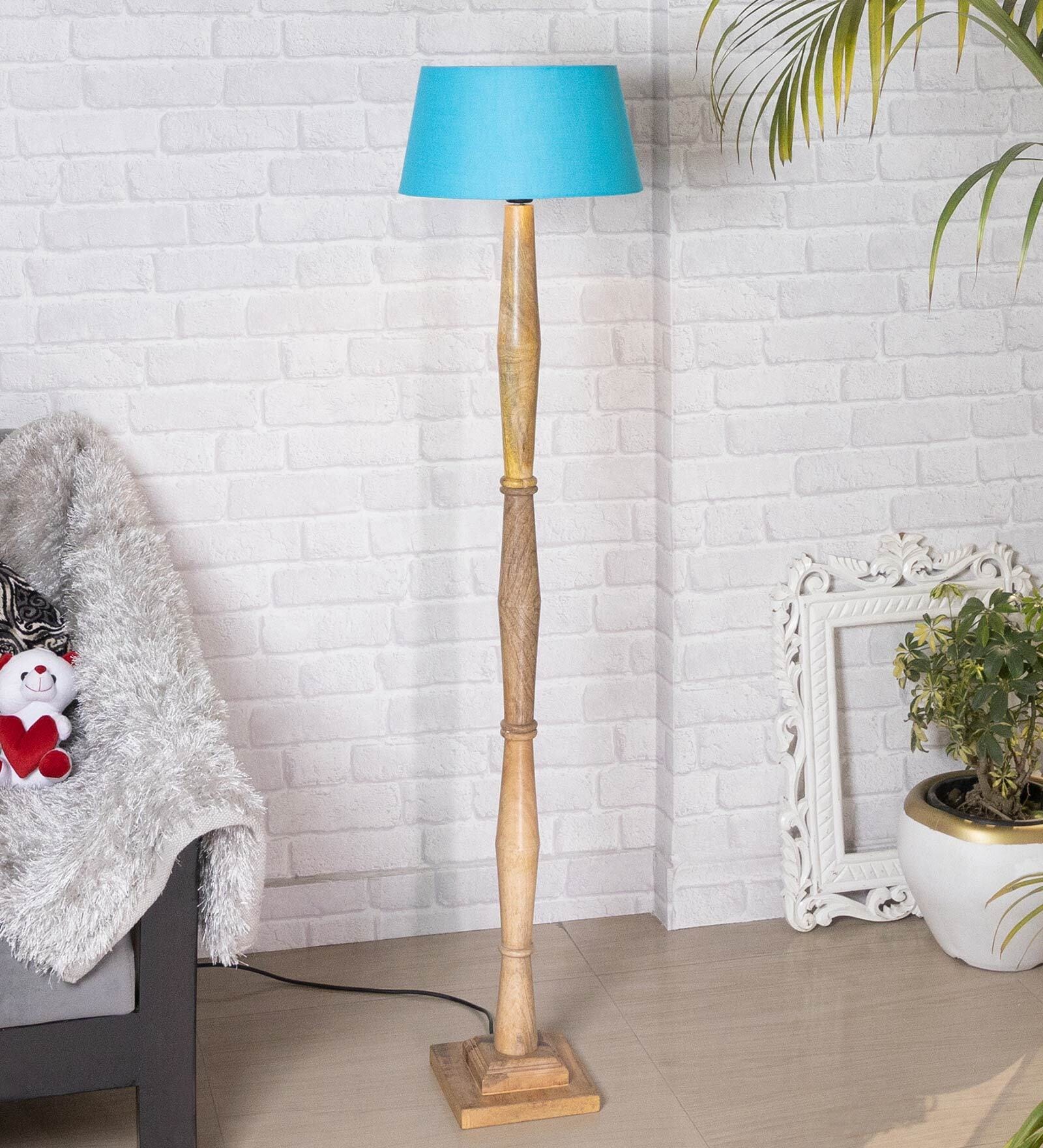 Caen Turqouise Cotton Shade Club Floor Lamp With Wood Base