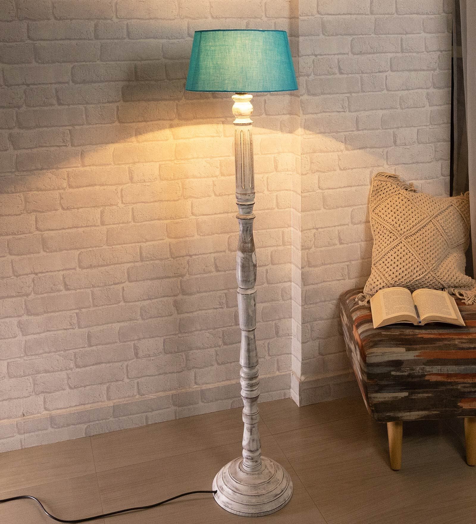 Turquoise Cotton Shade Floor Lamp With Wooden Base