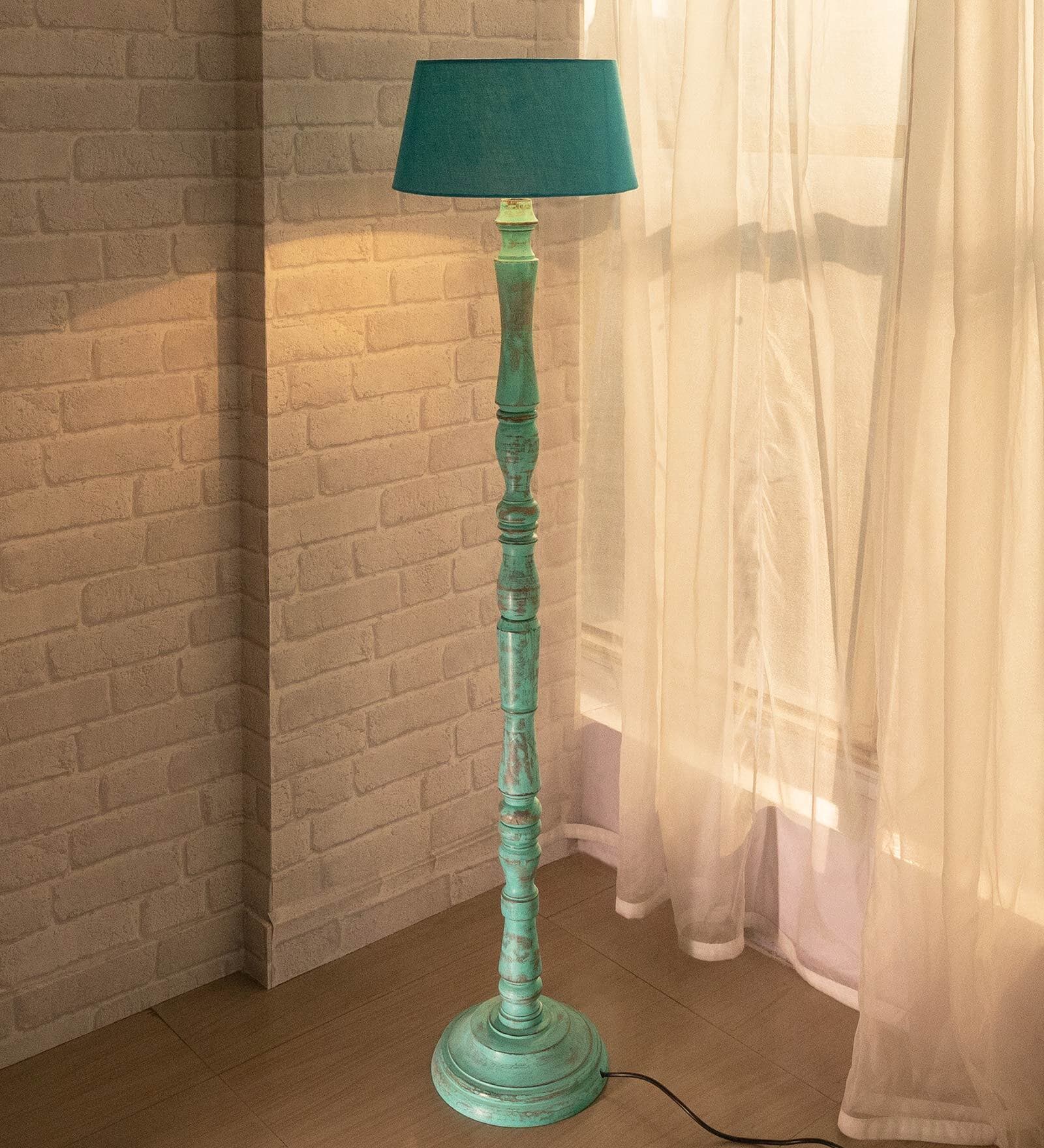 Buy Hector Turqouise Cotton Shade Club Floor Lamp With Wood Base At 60   Turquoise Cotton Shade Floor Lamp With Wood Base By Homesake Turquoise Cotton Shade Floor Lamp With  Z0pp6m 