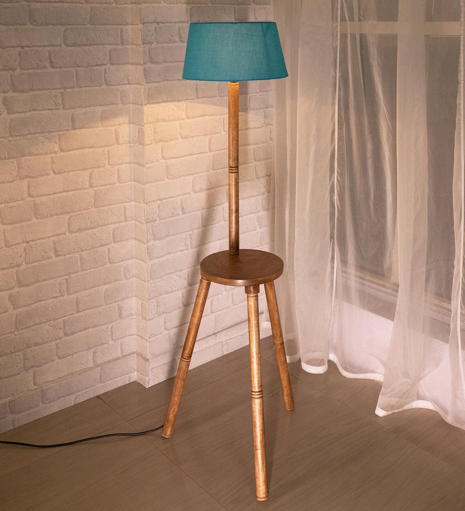 Turquoise Cotton Shade Tripod Floor Lamp With Wooden Base