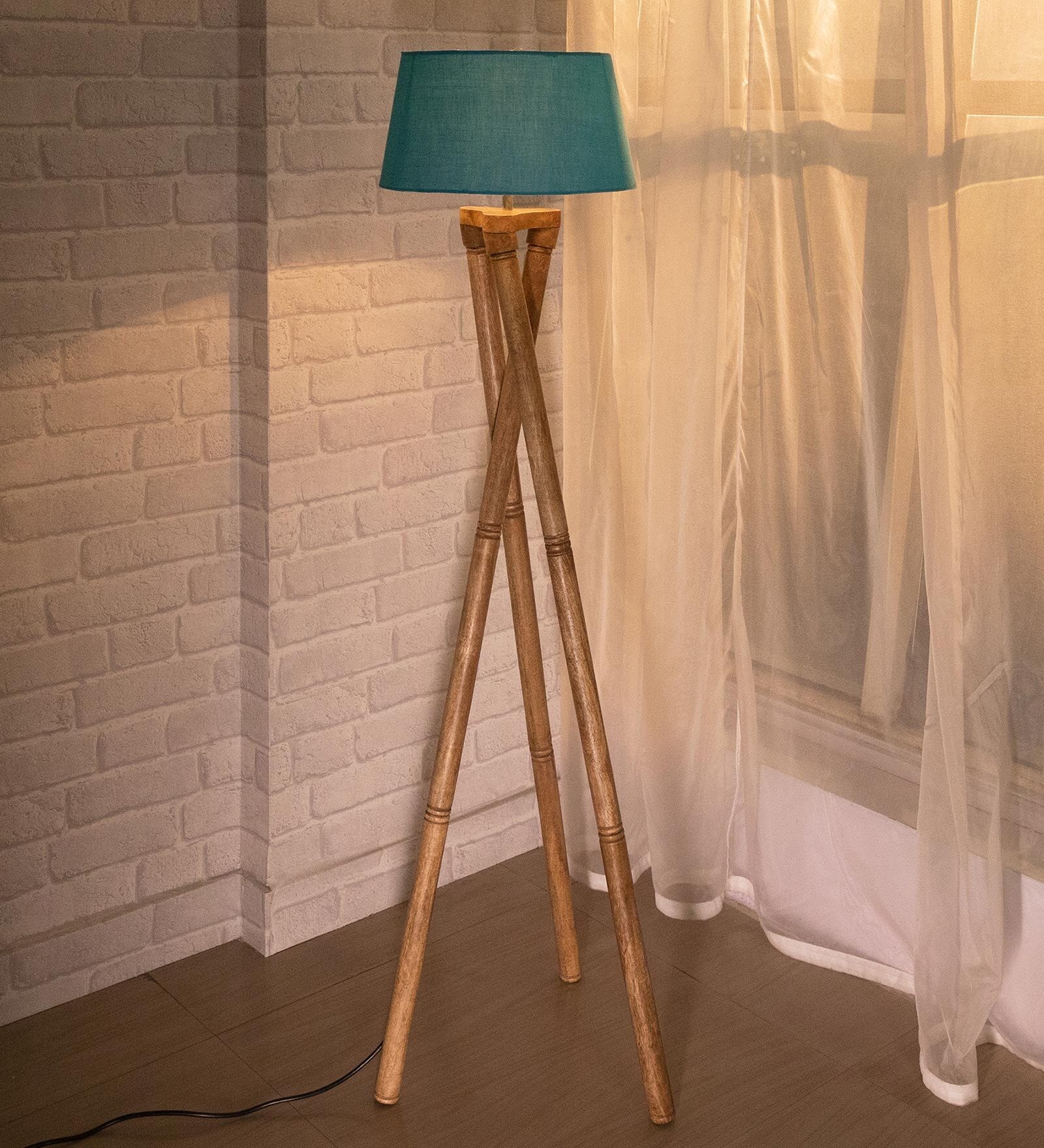 Turquoise Cotton Shade Tripod Floor Lamp With Wooden Base