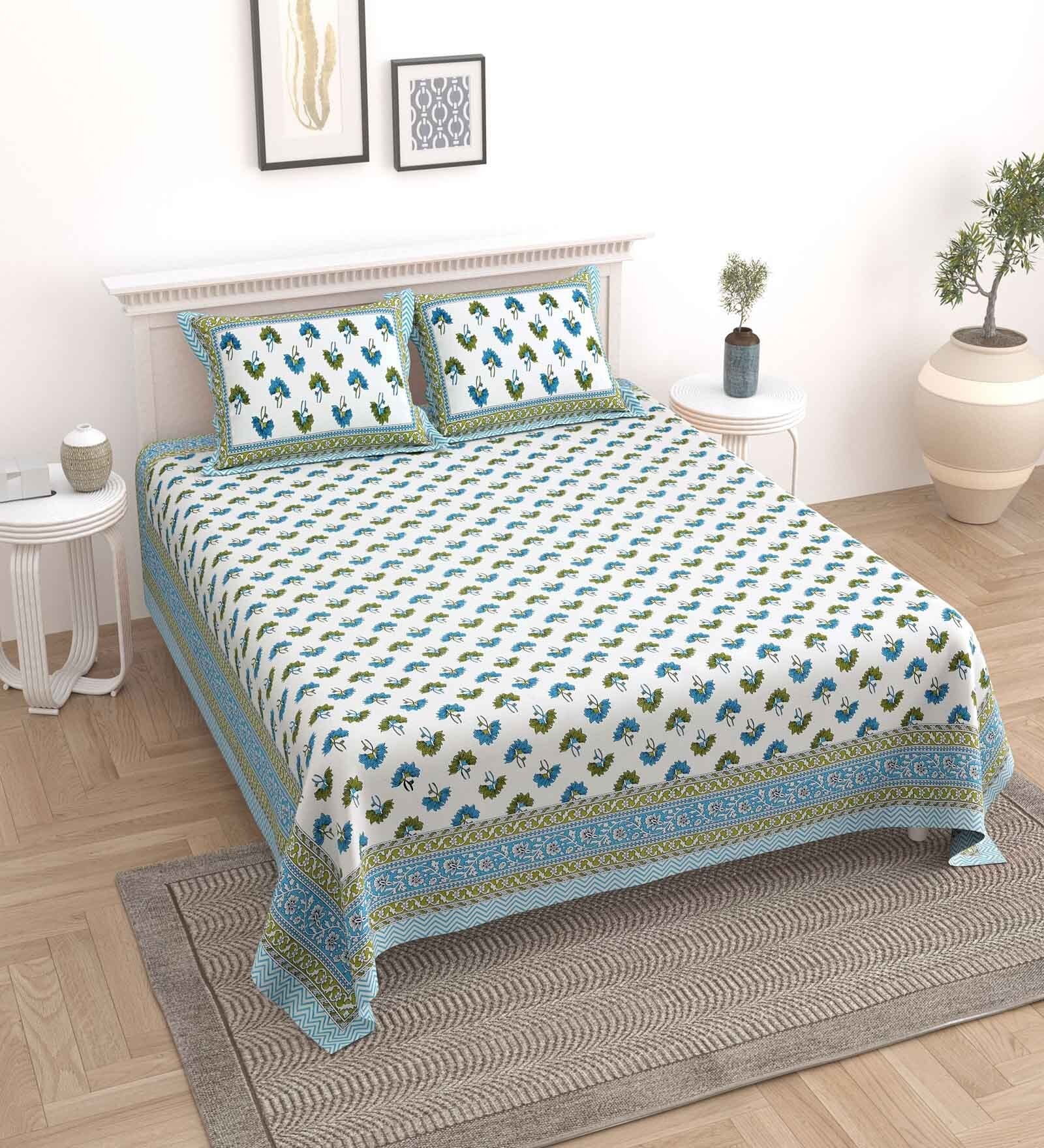 Turquoise Floral 144 TC Cotton King Bedsheet and 2 Pillow Cover