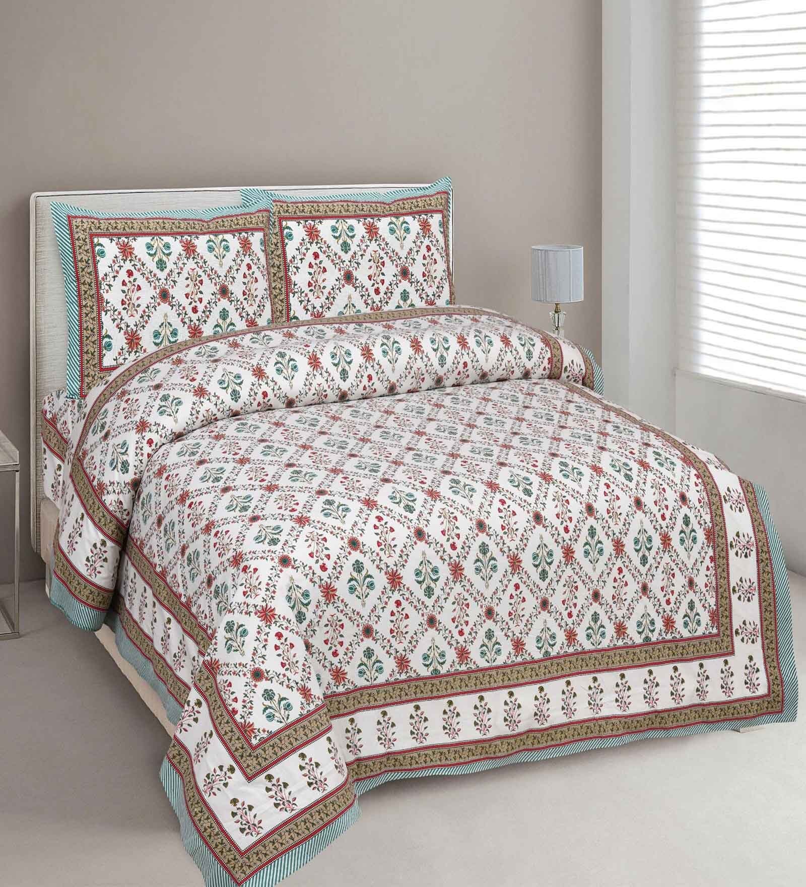Turquoise Floral 144 TC Cotton King Bedsheet and 2 Pillow Cover