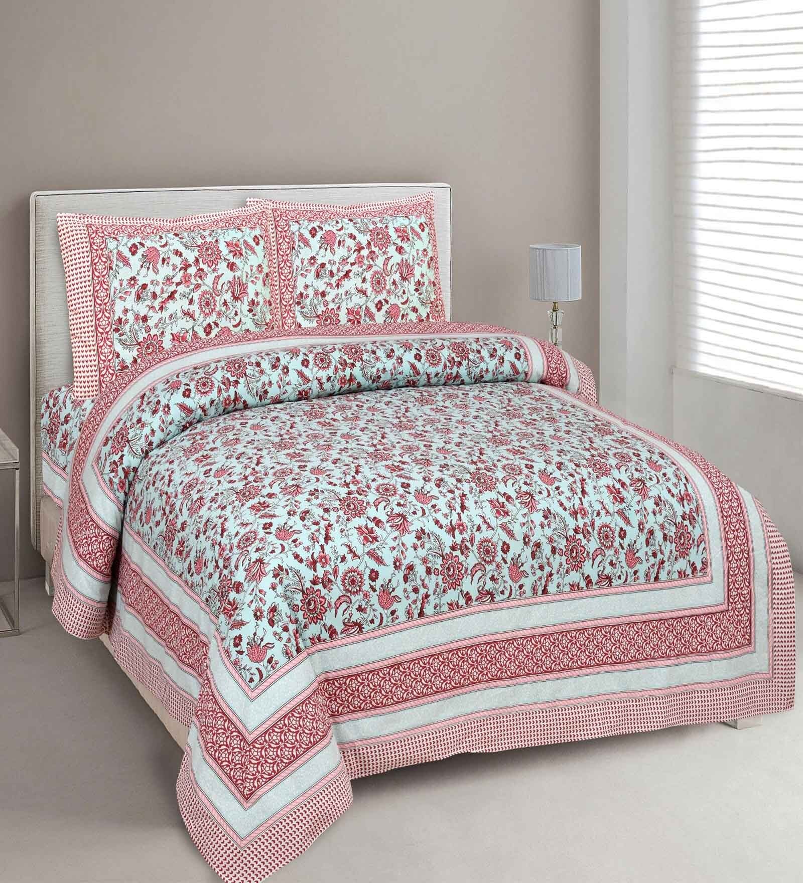 Turquoise & Red Floral 144 TC Cotton King Bedsheet and 2 Pillow Cover