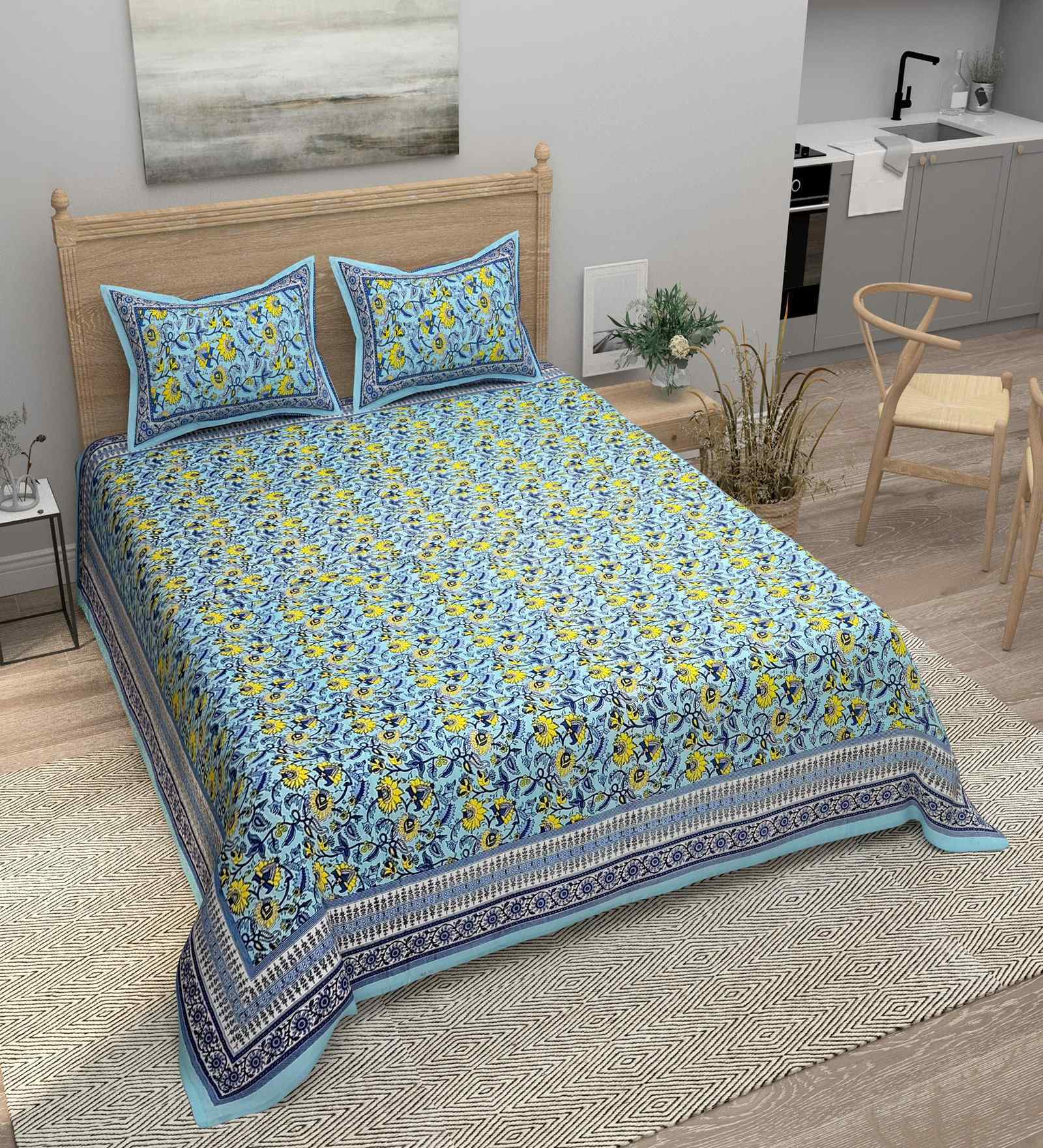 Turquoise Floral 180 TC Cotton  King Sized Bedsheet with 2 Pillow Covers