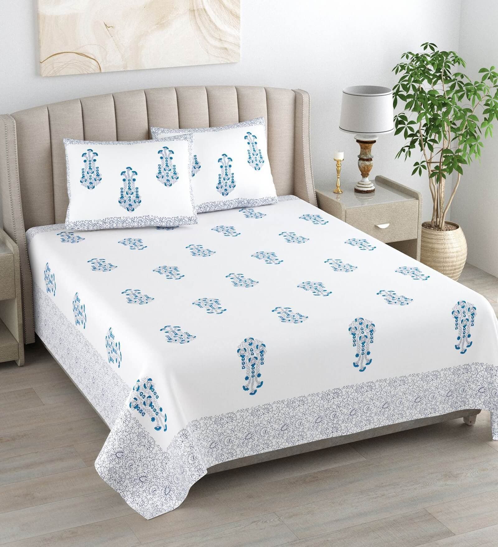 Turquoise Floral 180 TC Cotton King Size Bedsheet With 2 Pillow Cover