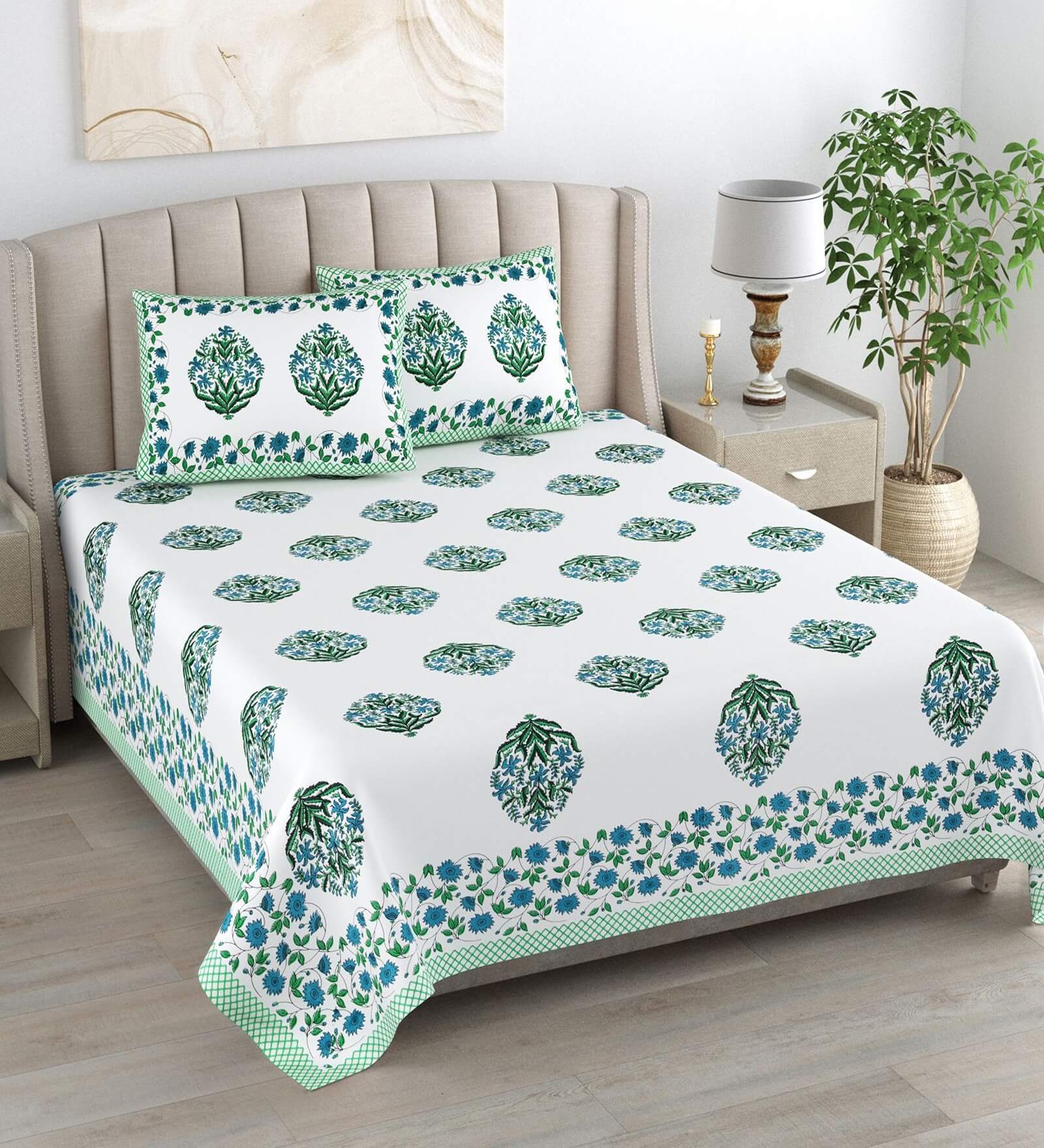 Turquoise Floral 180 TC Cotton King Size Bedsheet With 2 Pillow Cover