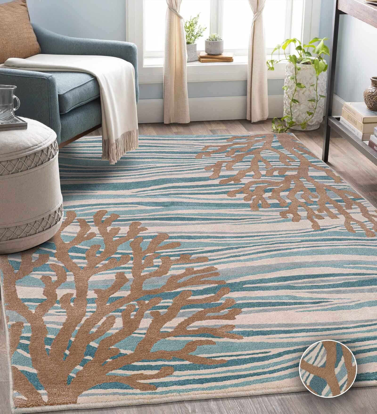 Turquoise Floral Wool Blend 4' X 6' Hand Tufted Carpet