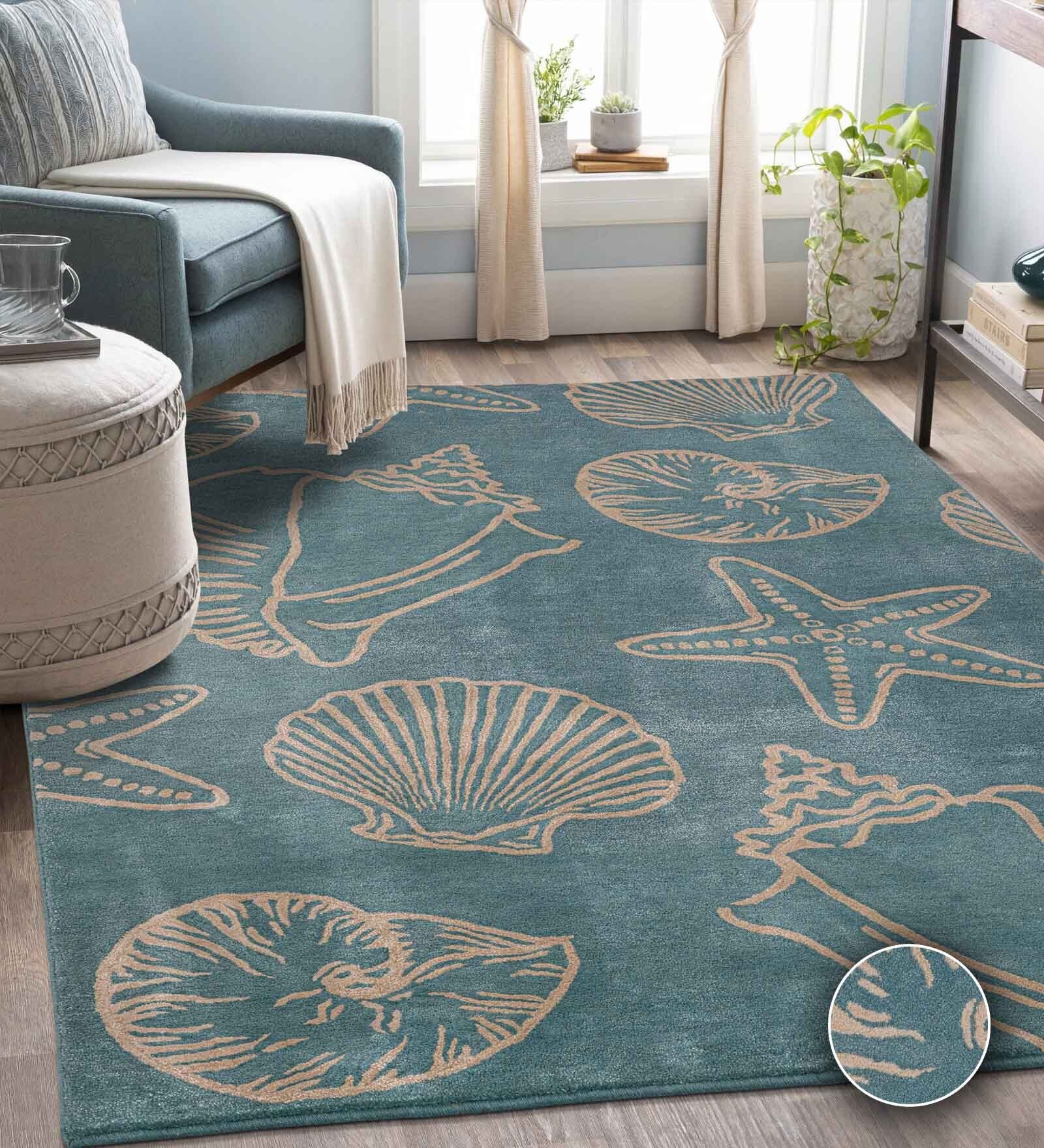 Turquoise Floral Wool Blend 5' X 7' Hand Tufted Carpet