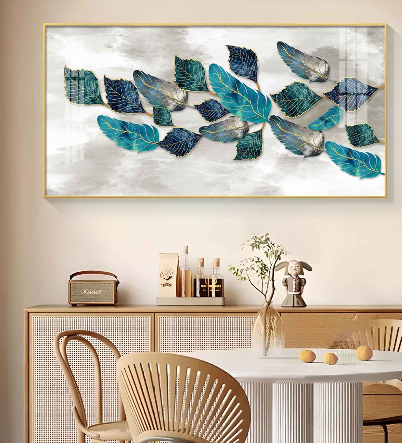 Turquoise Greay Leaves Glass Finish Horizontal Wall Art