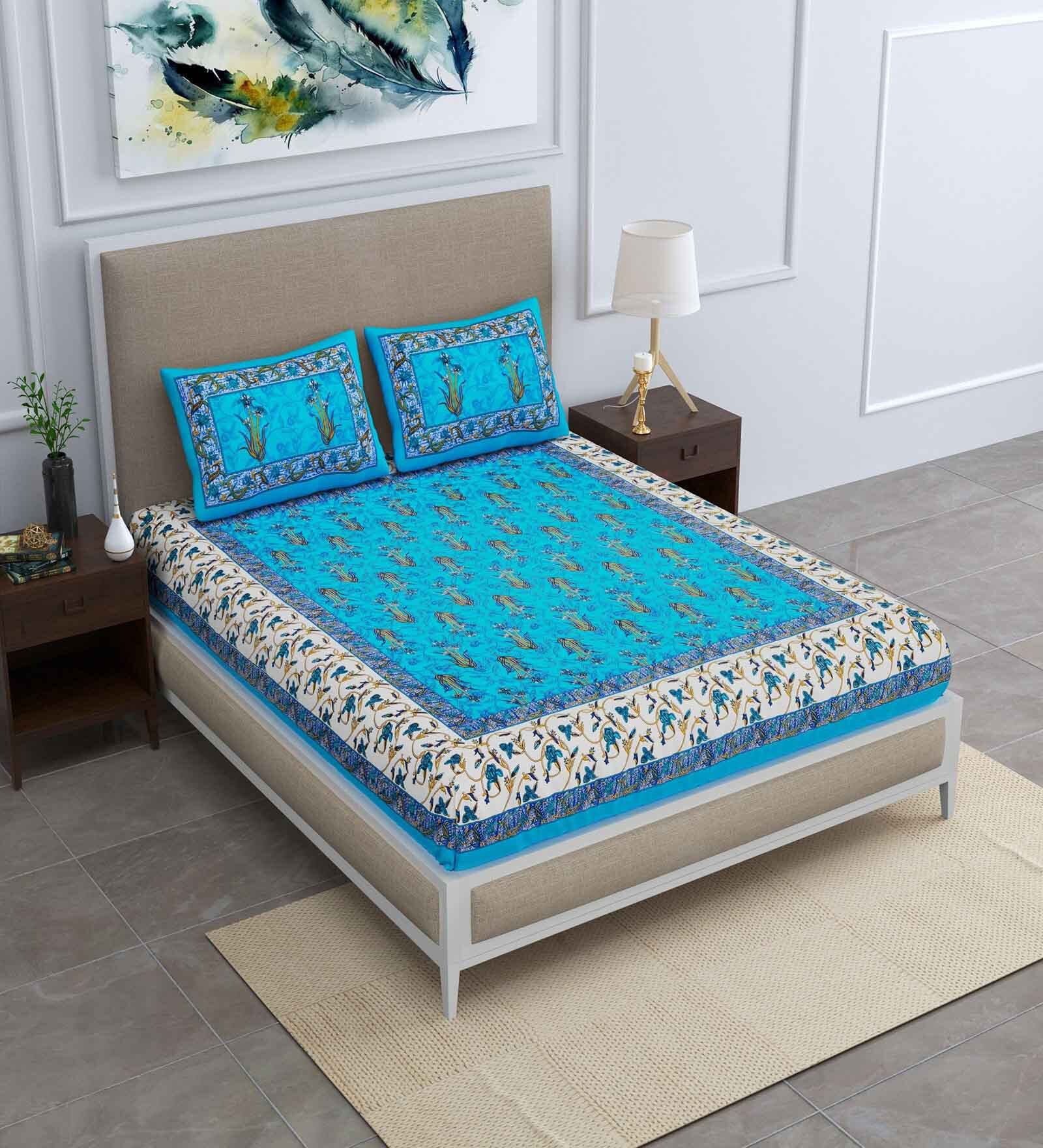 Blue Floral 120 TC Cotton Queen Sized Bedsheet with 2 Pillow Cover