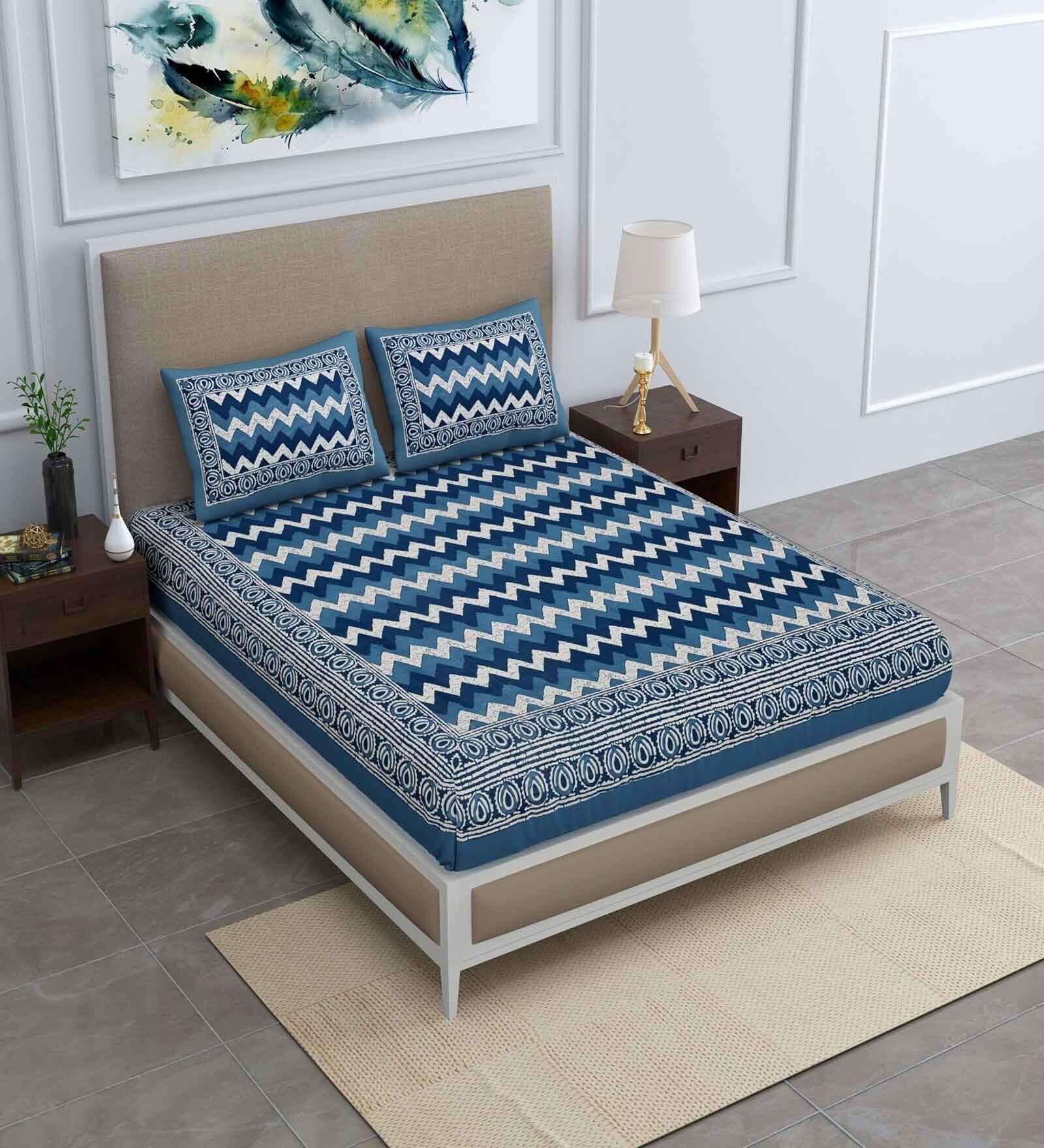Navy Blue Abstract 120 TC Cotton Queen Sized Bedsheet with 2 Pillow Cover