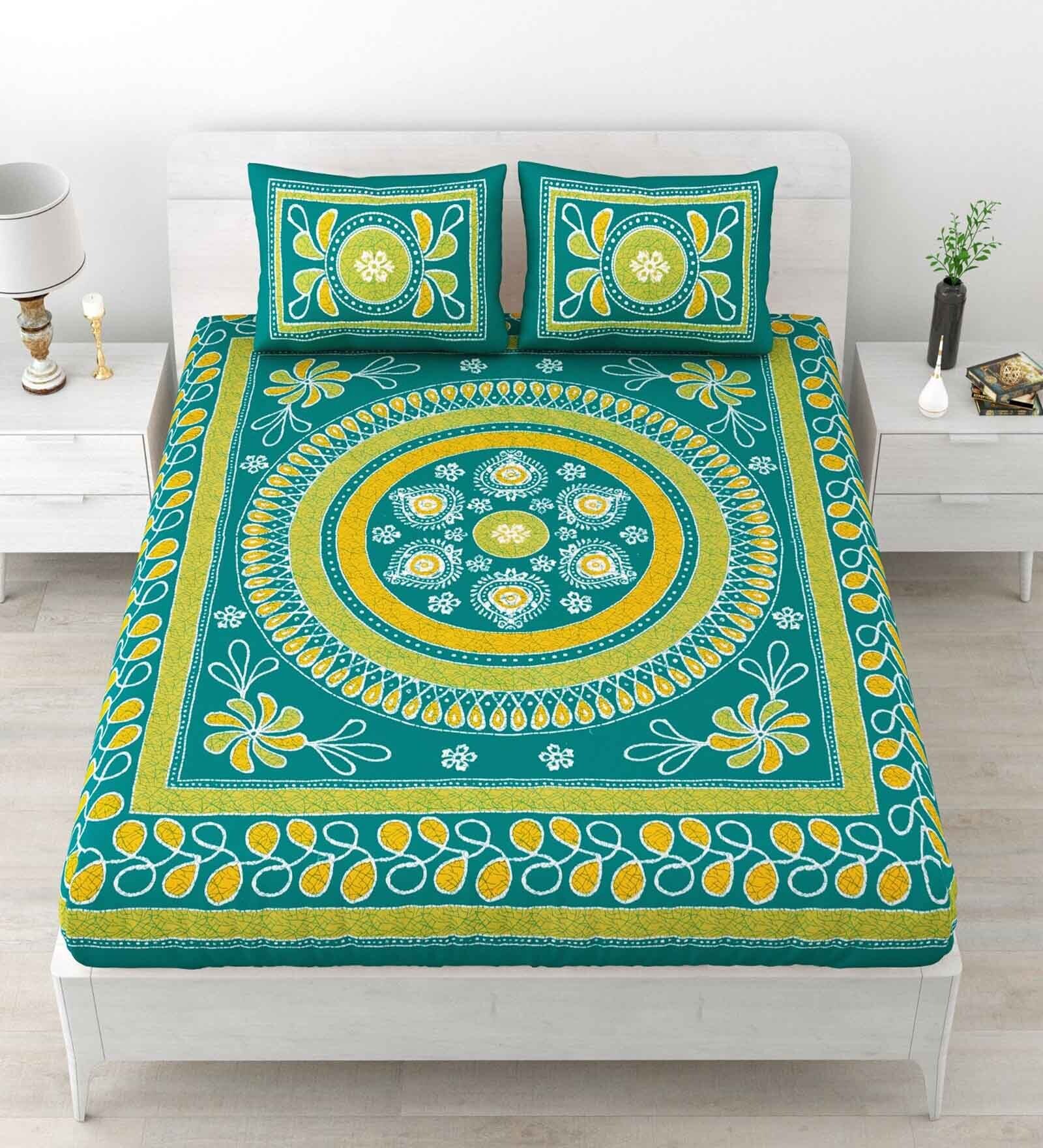 Turquoise Traditional 120 TC Cotton Queen Sized Bedsheet with 2 Pillow Cover